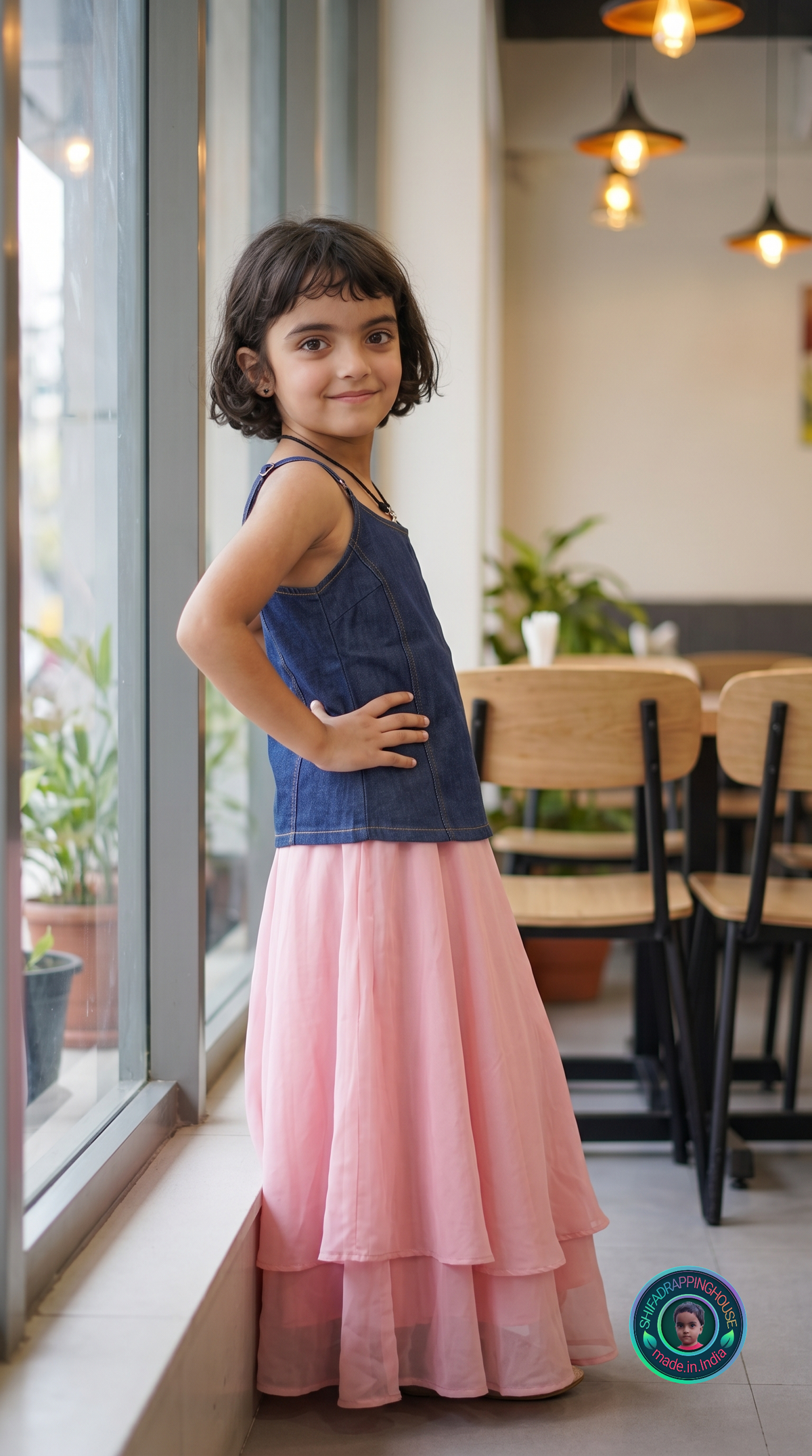 ShifaDrappinghouse Kids (Trendy): Premium Dark Wash Denim Spaghetti Strap Camisole – Contrast Stitching Detail