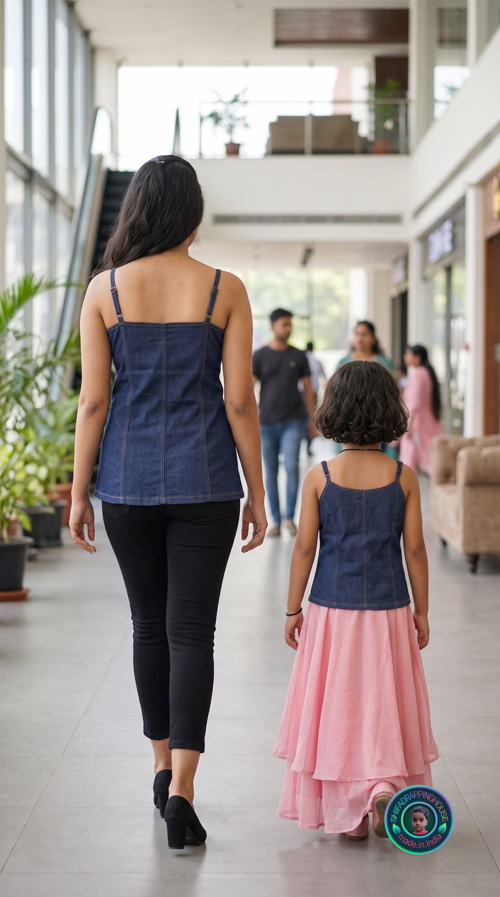 ShifaDrappinghouse Kids (Trendy): Premium Dark Wash Denim Spaghetti Strap Camisole – Contrast Stitching Detail