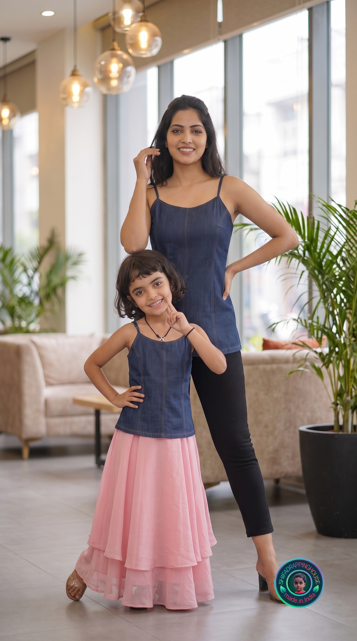 ShifaDrappinghouse Kids (Trendy): Premium Dark Wash Denim Spaghetti Strap Camisole – Contrast Stitching Detail