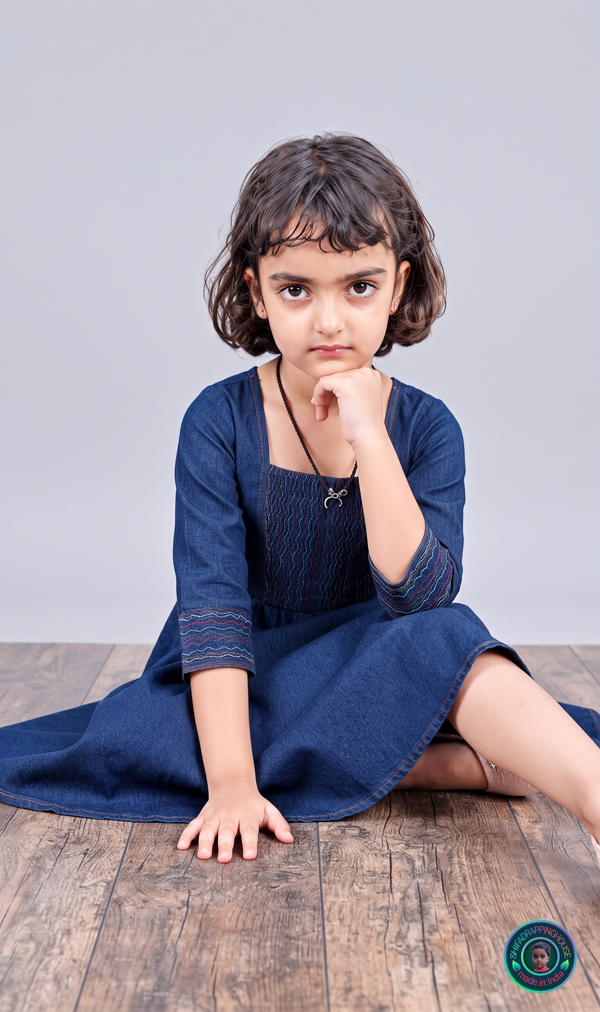A young girl with short dark hair sits cross-legged on a rustic wooden floor against a solid light gray background, wearing a dark blue denim-style dress.