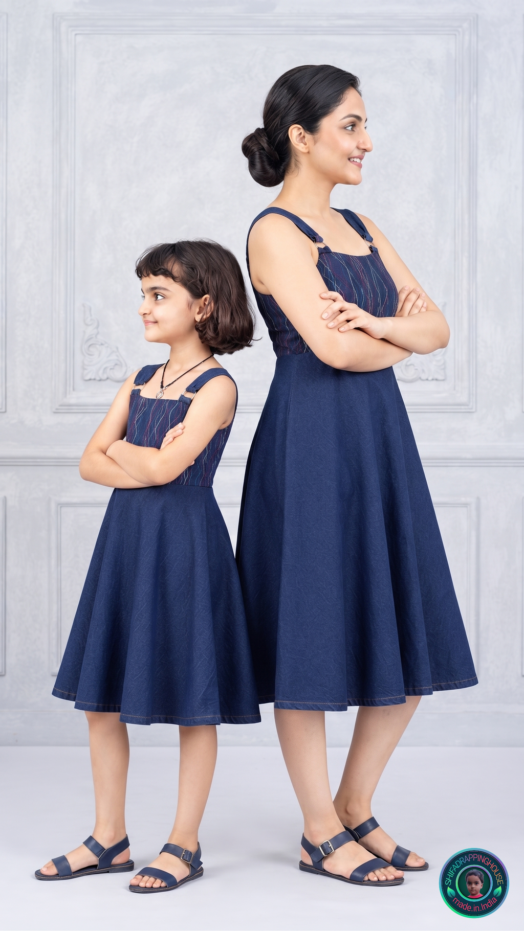 ShifaDrappinghouse Kids & Women: Blue Denim A-Line Dress – Multi-Color Anchor Stitch Embroidery