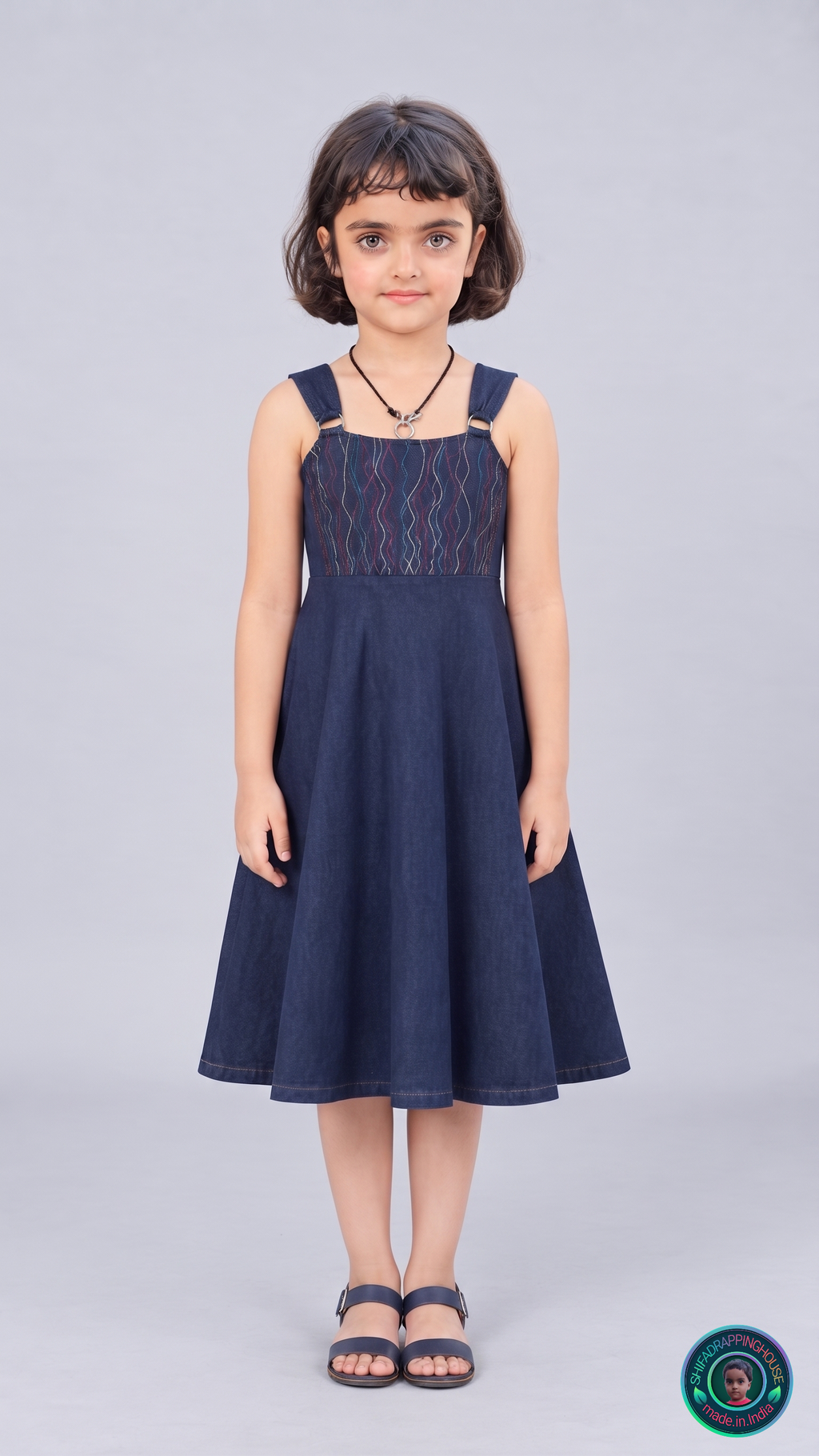 ShifaDrappinghouse Kids & Women: Blue Denim A-Line Dress – Multi-Color Anchor Stitch Embroidery