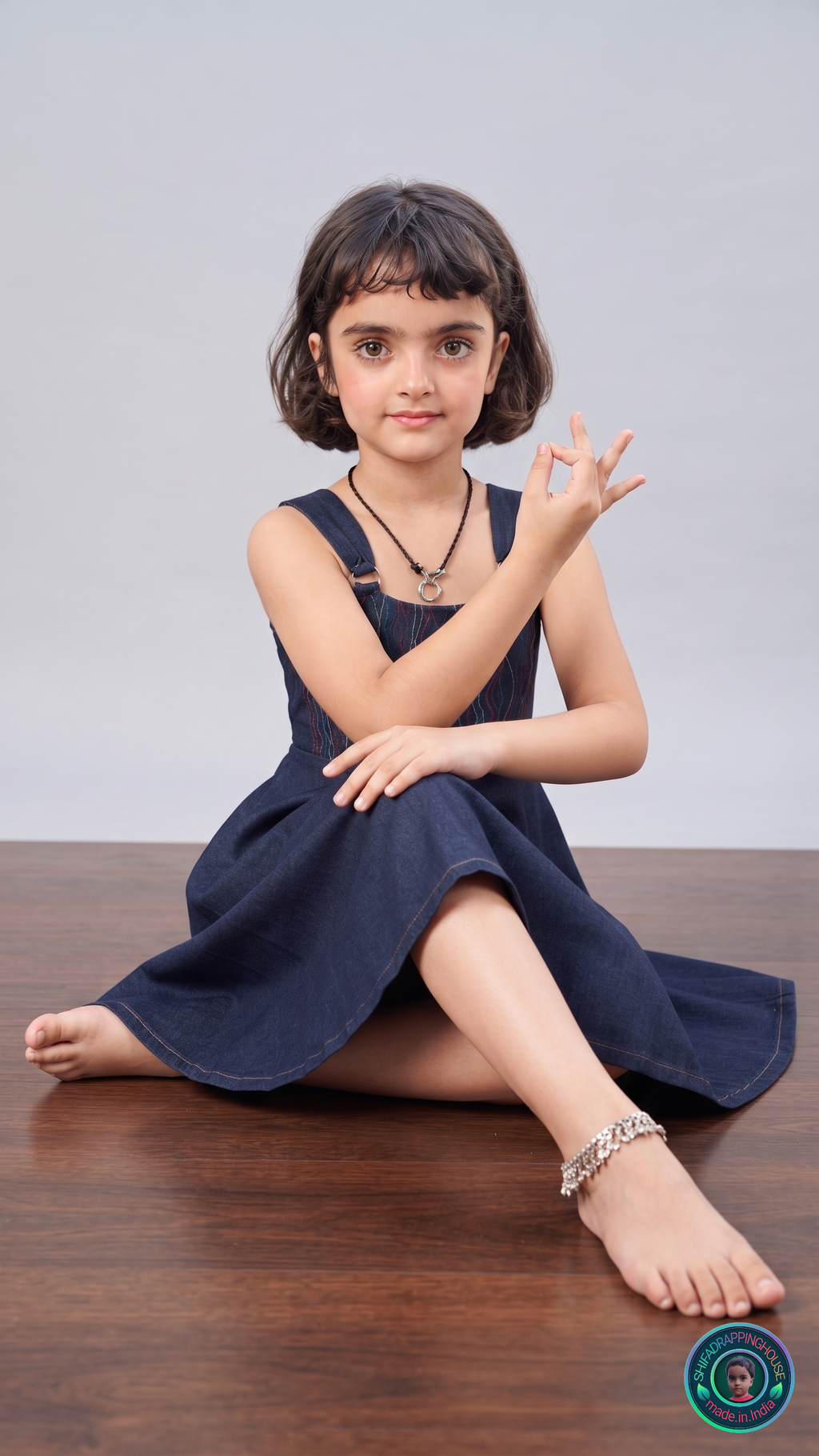 ShifaDrappinghouse Kids & Women: Blue Denim A-Line Dress – Multi-Color Anchor Stitch Embroidery