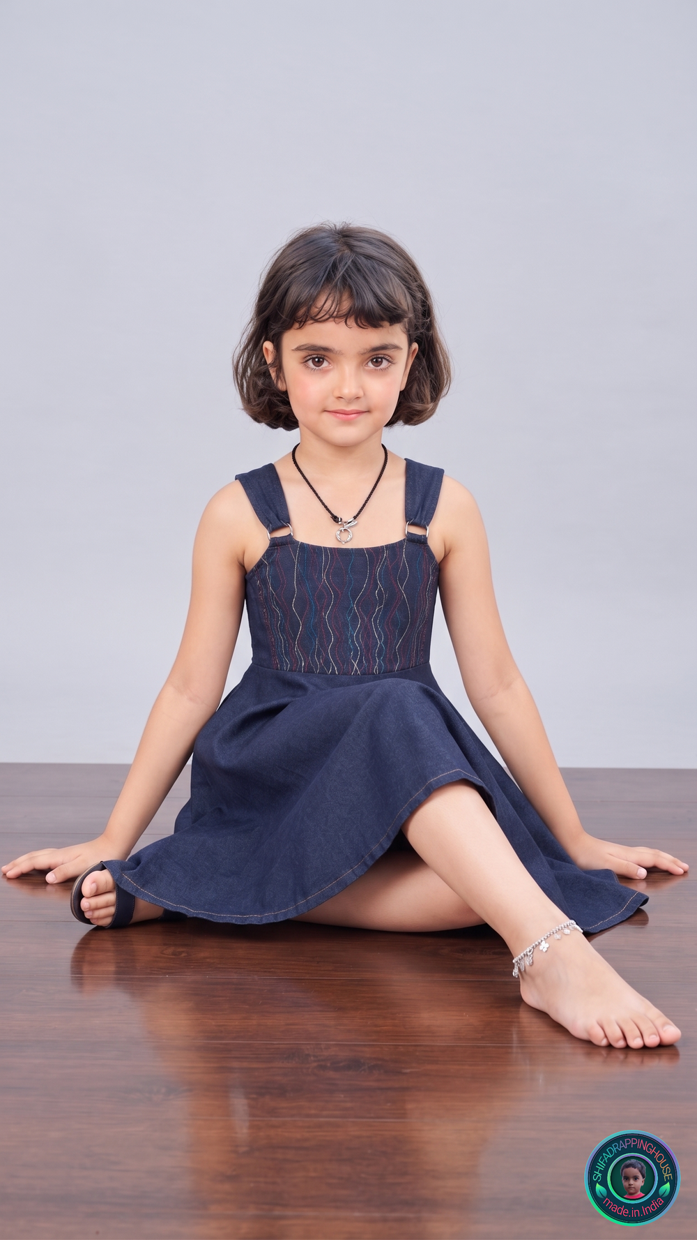 ShifaDrappinghouse Kids & Women: Blue Denim A-Line Dress – Multi-Color Anchor Stitch Embroidery