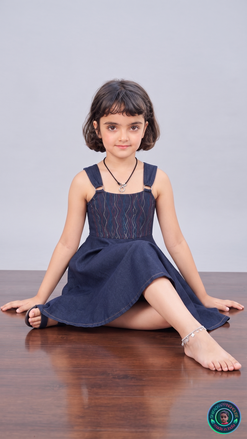 ShifaDrappinghouse Kids & Women: Blue Denim A-Line Dress – Multi-Color Anchor Stitch Embroidery