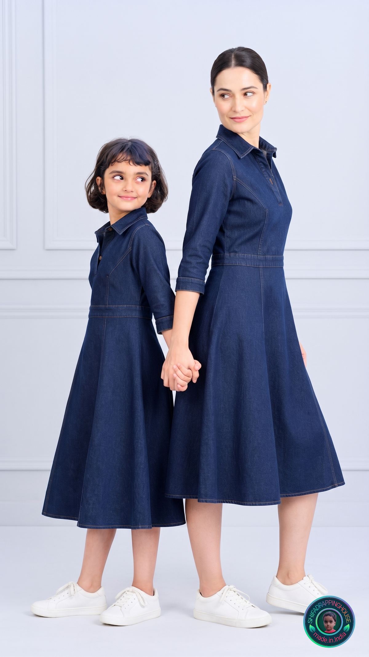 Premium Collared Denim Midi Dress – Classic Button & Belt Style