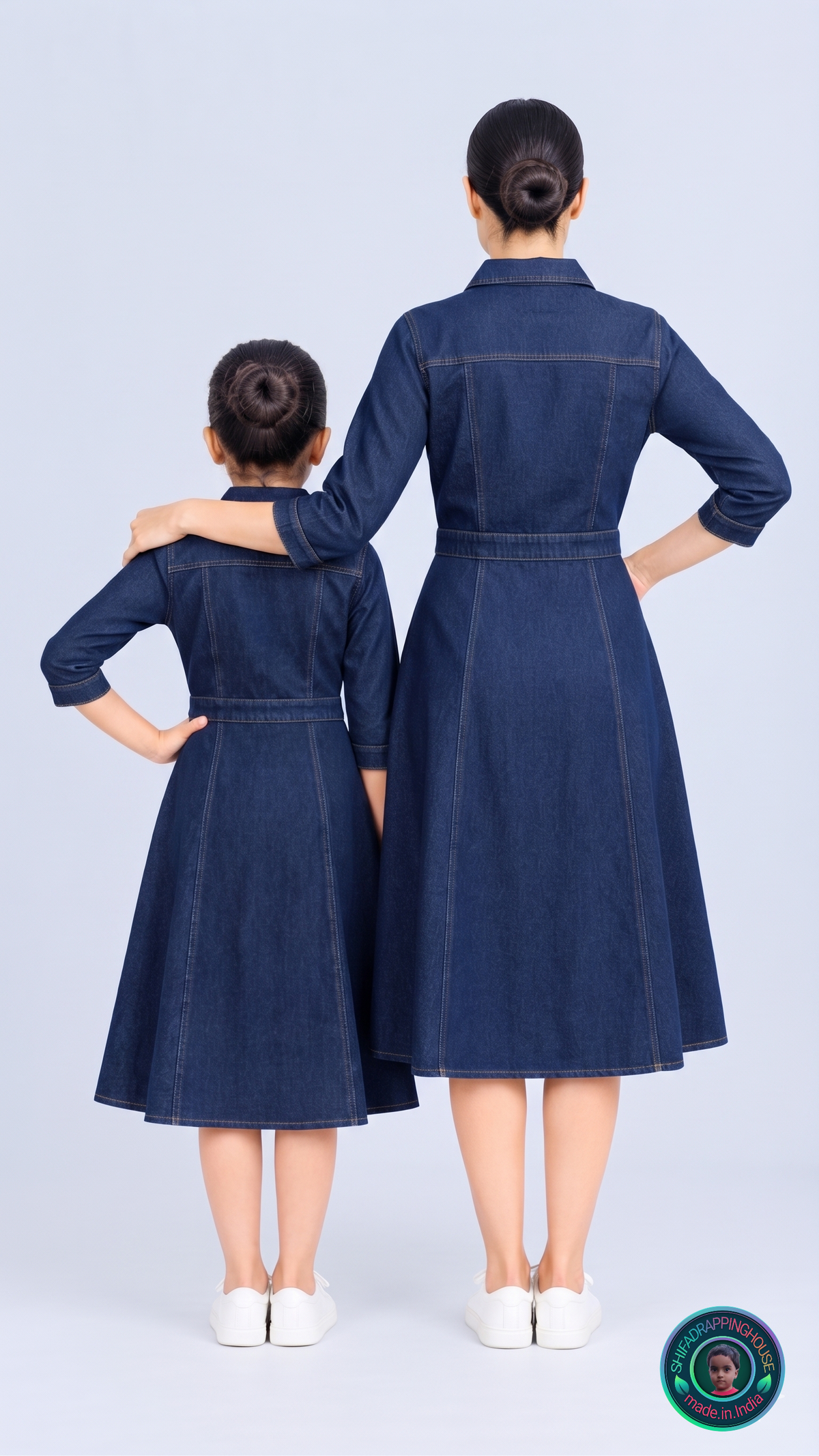 Premium Collared Denim Midi Dress – Classic Button & Belt Style