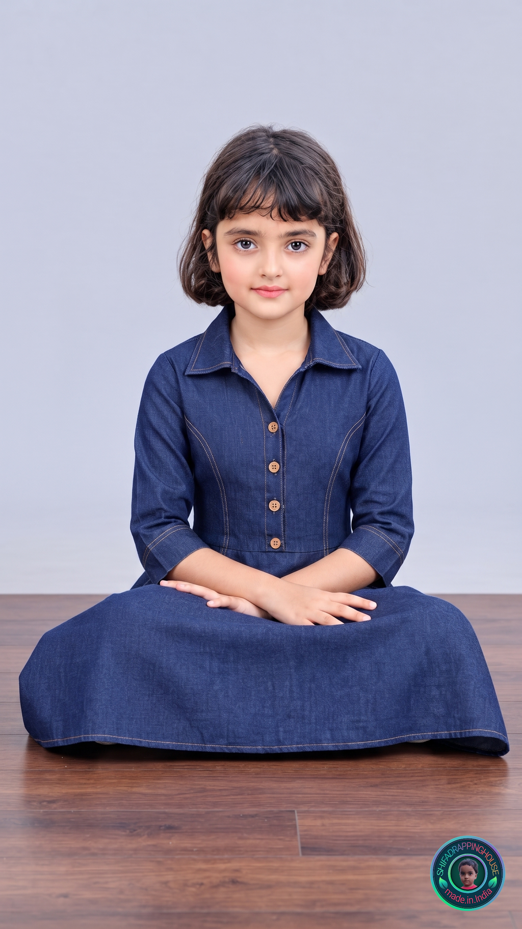 Indo-Western Elite: Princess-Cut Soft Denim Midi Dress with Wooden Accents