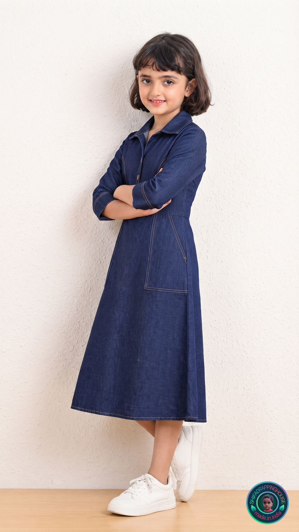 Indo-Western Elite: Princess-Cut Soft Denim Midi Dress with Wooden Accents
