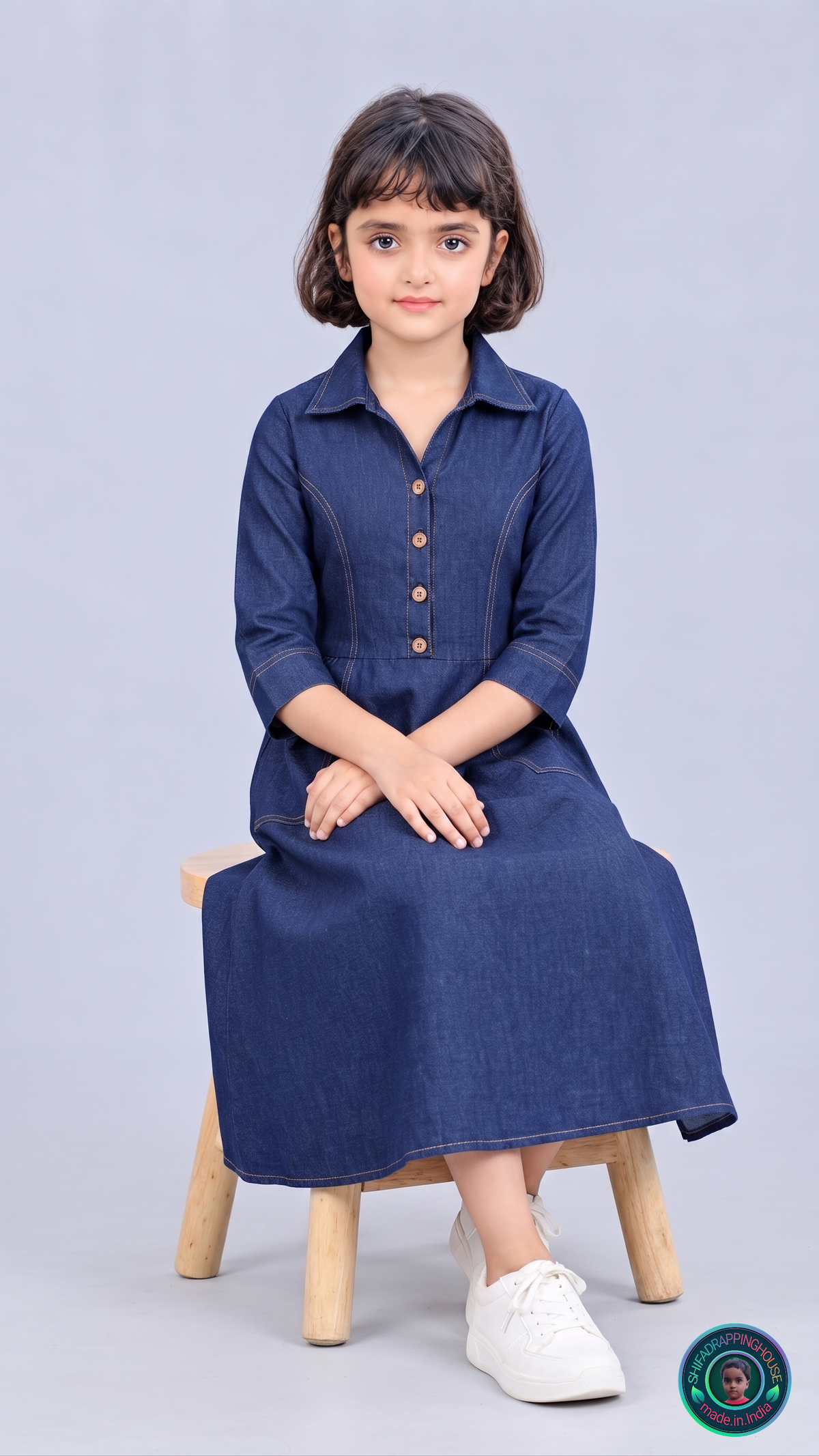 Indo-Western Elite: Princess-Cut Soft Denim Midi Dress with Wooden Accents
