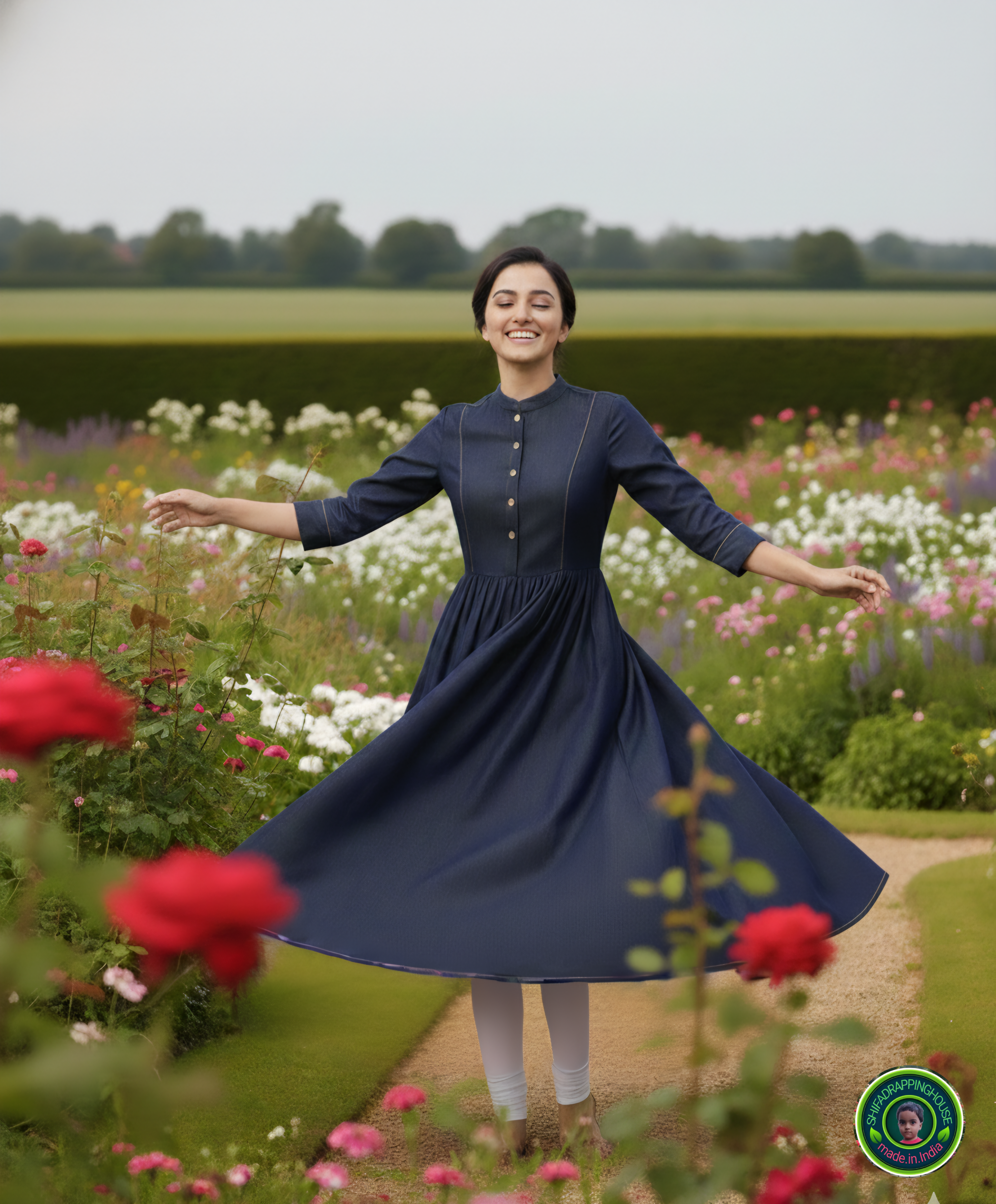 Trendy New-Gen Denim Indo-Western Gown with Gold Piping & Wooden Accents