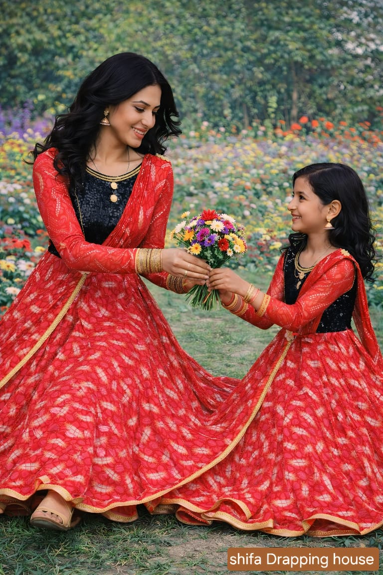 Premium Red & Black Sequin Fusion Gown with Attached Draped Dupatta