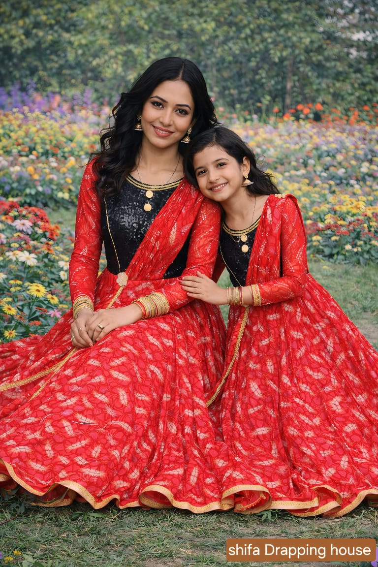 Premium Red & Black Sequin Fusion Gown with Attached Draped Dupatta