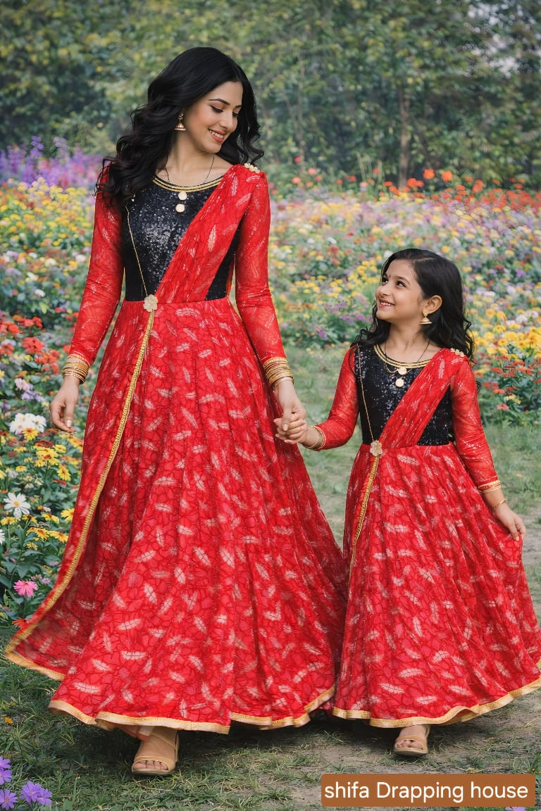 Premium Red & Black Sequin Fusion Gown with Attached Draped Dupatta