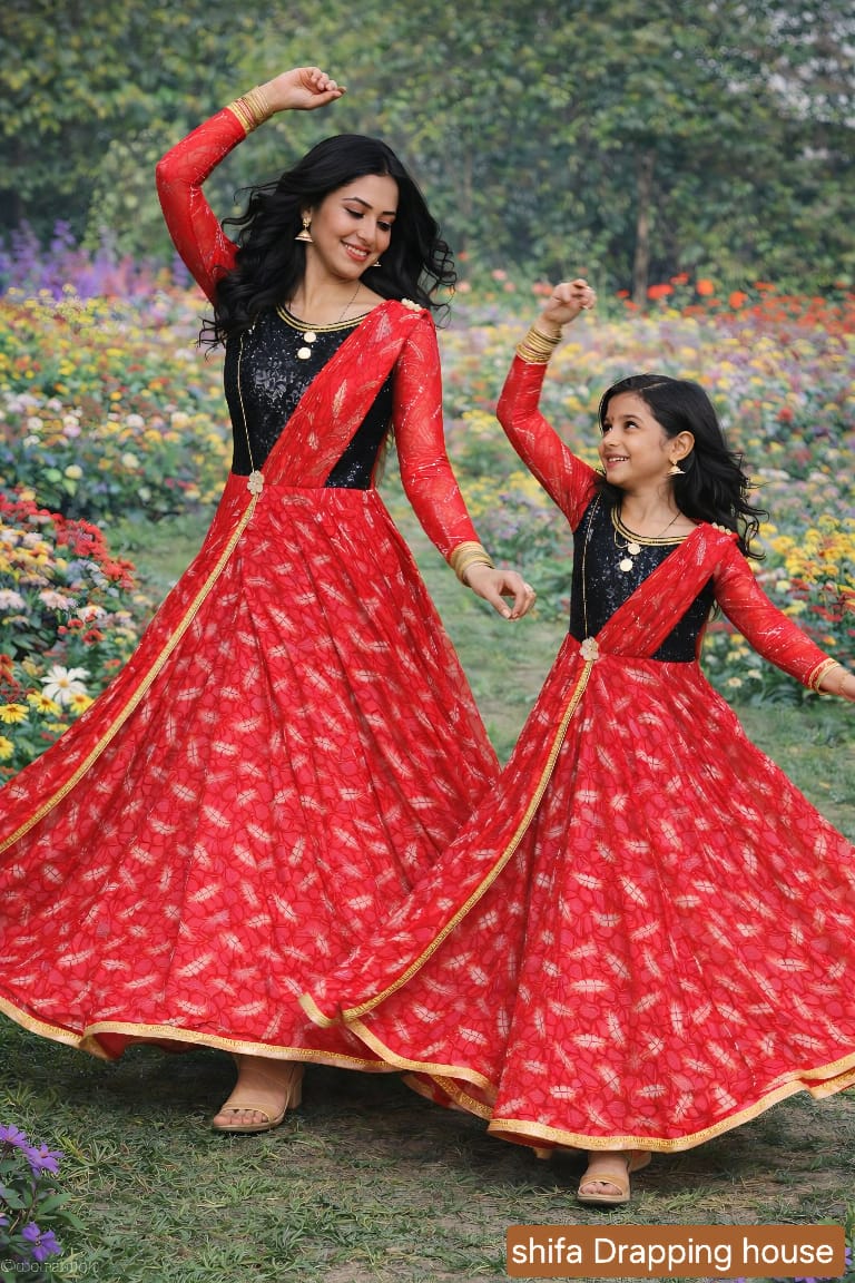 Premium Red & Black Sequin Fusion Gown with Attached Draped Dupatta