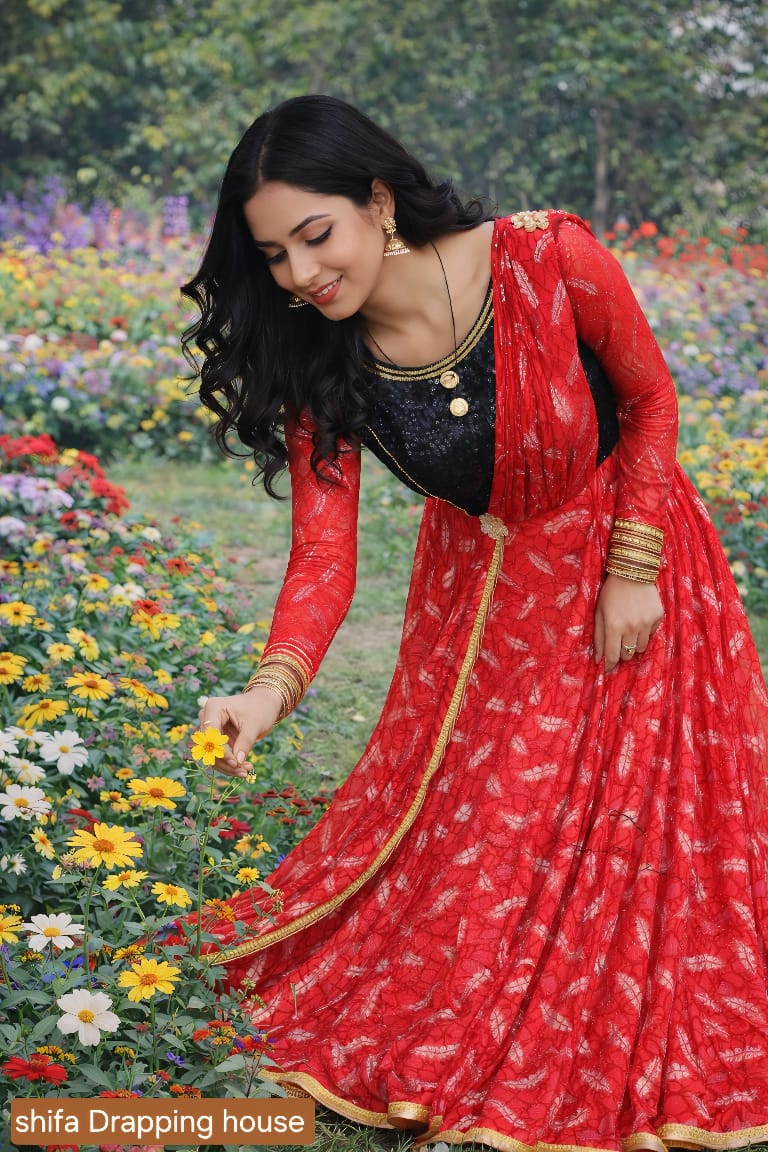 Premium Red & Black Sequin Fusion Gown with Attached Draped Dupatta