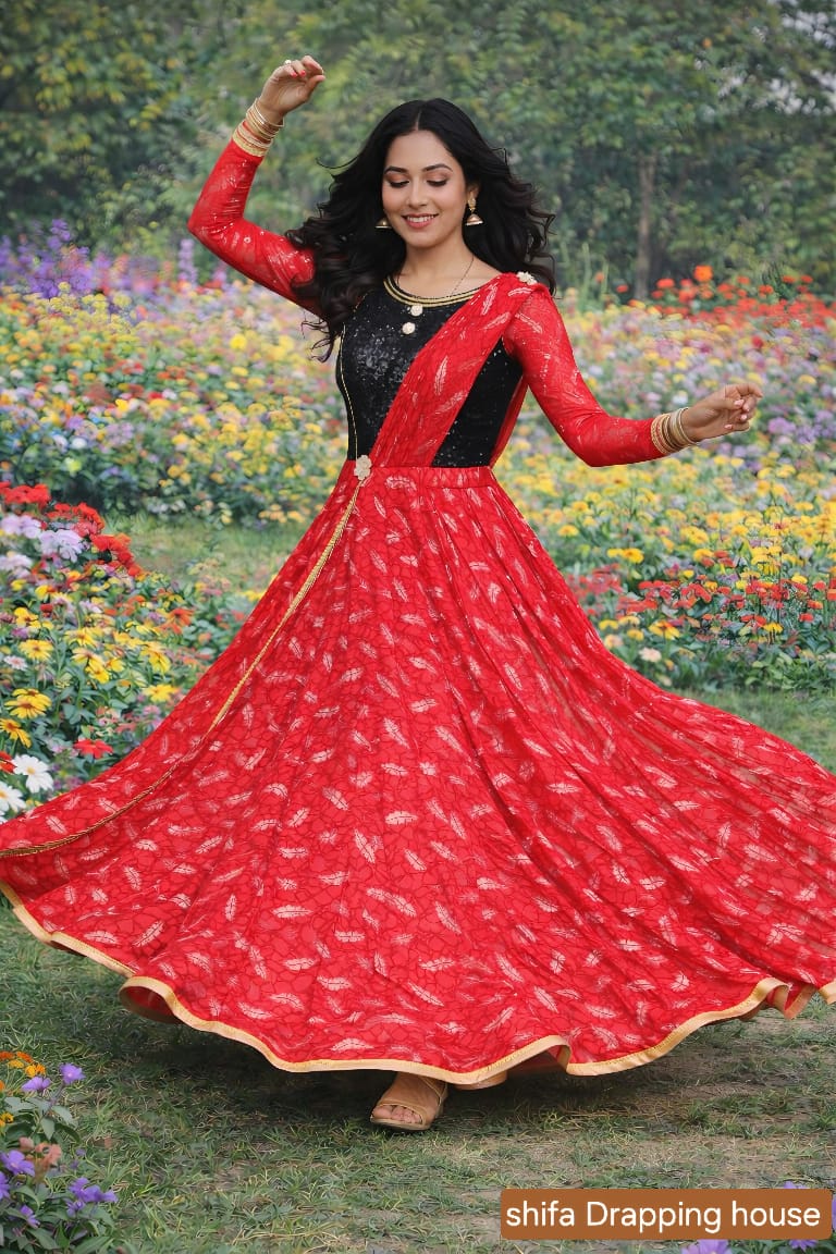 Premium Red & Black Sequin Fusion Gown with Attached Draped Dupatta