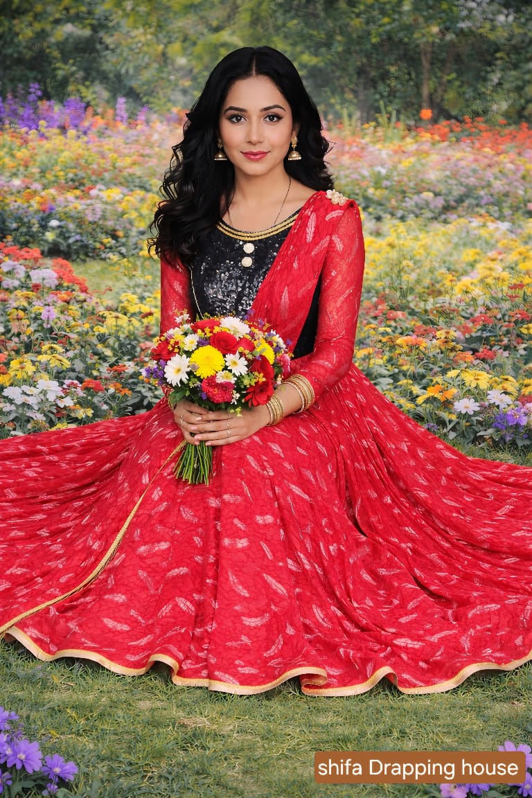 Premium Red & Black Sequin Fusion Gown with Attached Draped Dupatta