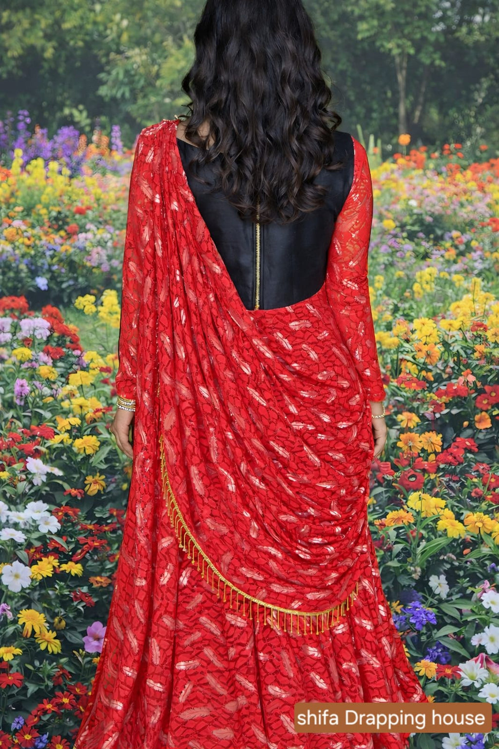 Premium Red & Black Sequin Fusion Gown with Attached Draped Dupatta