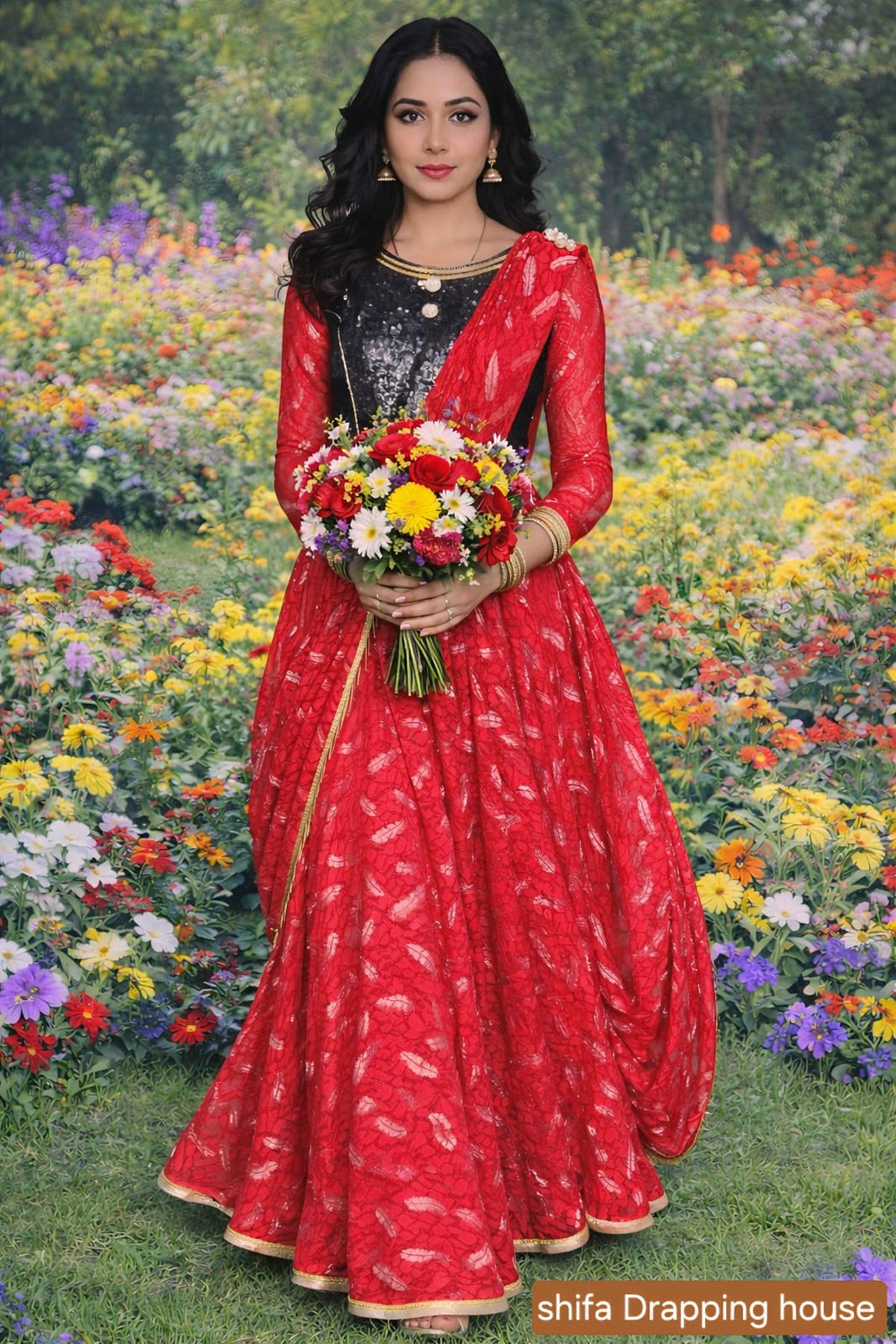 Premium Red & Black Sequin Fusion Gown with Attached Draped Dupatta