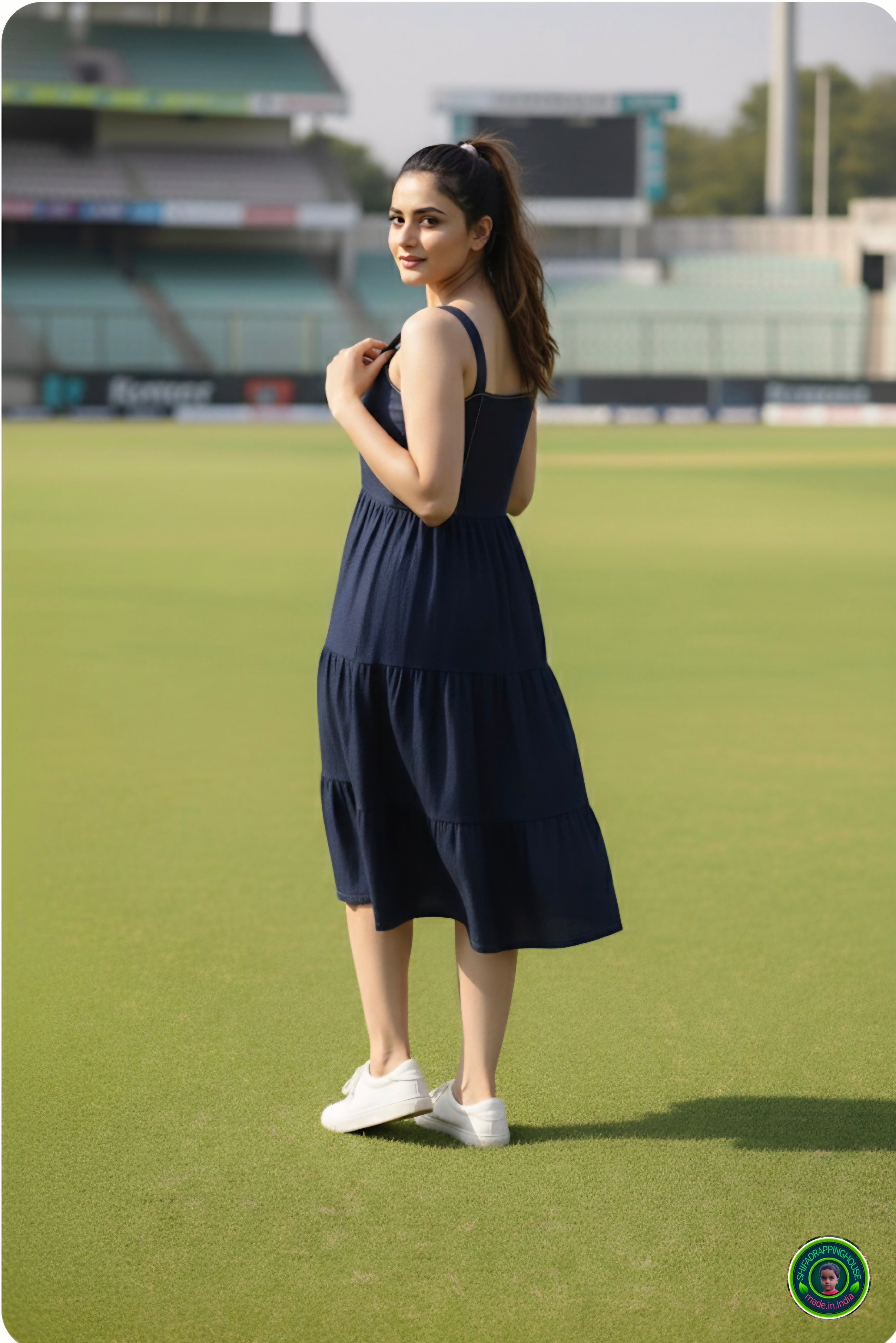 The Golden Era: 3-Layer Navy Denim Midi with Gold Coding Detail