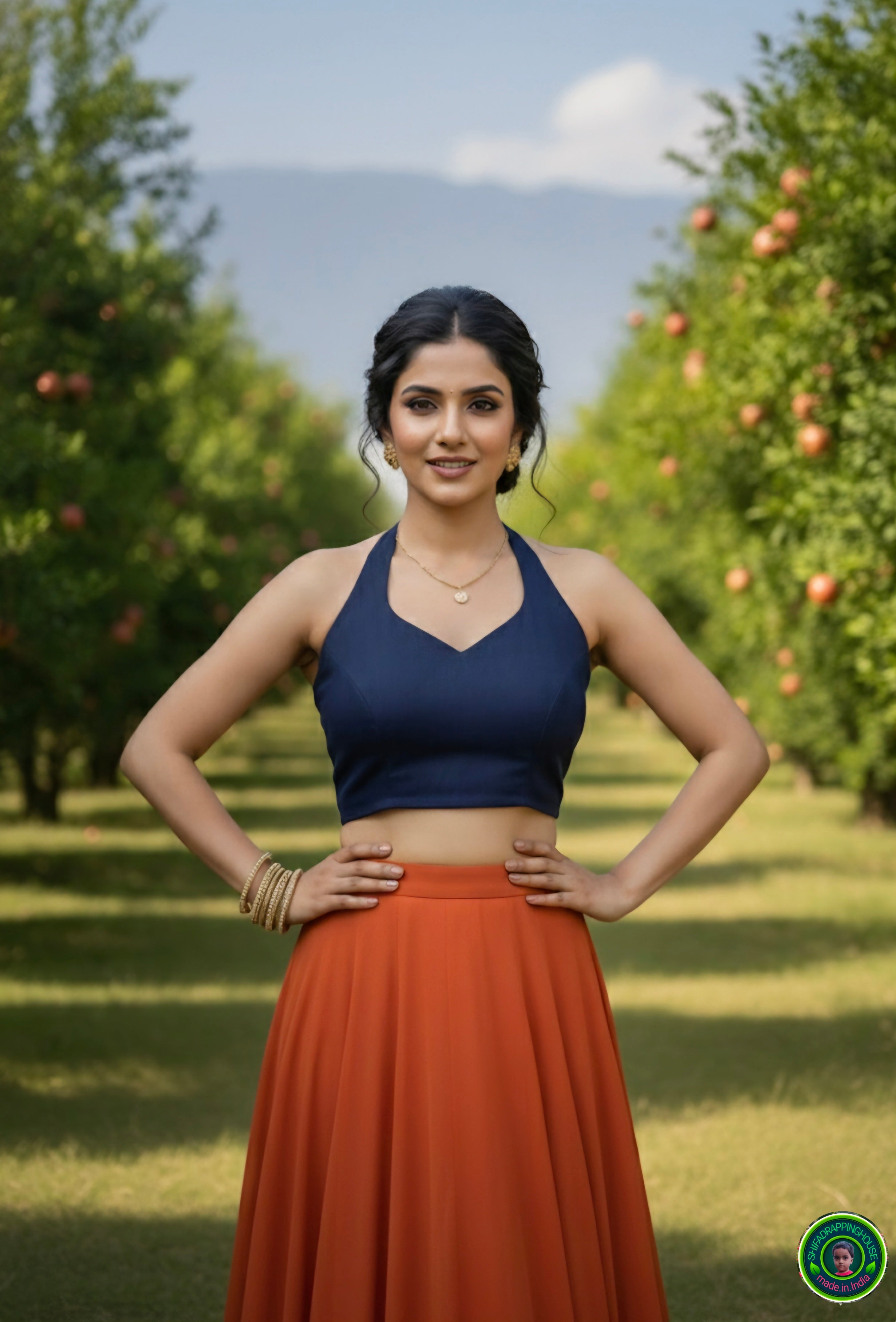 Premium Navy Blue Denim Alternate Halter Blouse – Luxury Princess Cut Indo-Western Top with Elegant Back Hook Opening