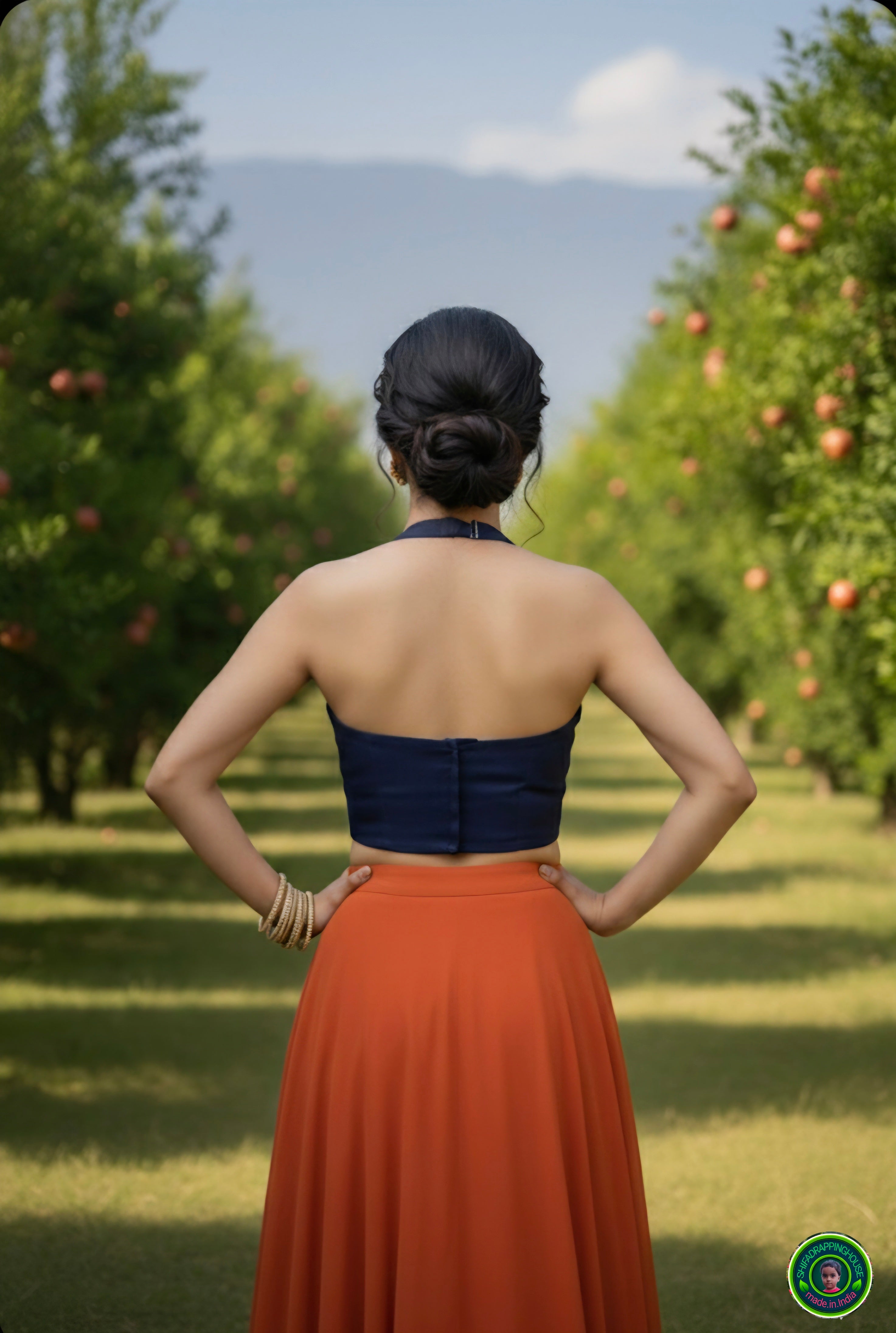 Premium Navy Blue Denim Alternate Halter Blouse – Luxury Princess Cut Indo-Western Top with Elegant Back Hook Opening