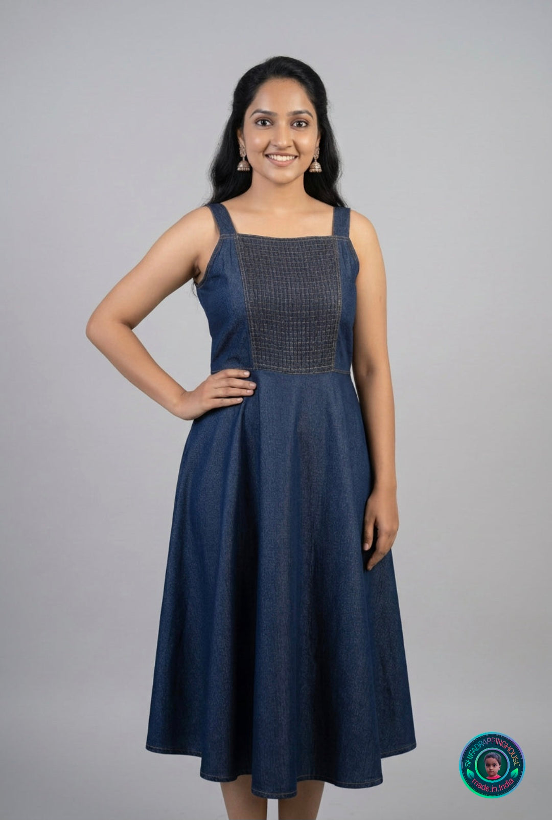 ShifaDrappinghouse Kids & Women: Elegant Indigo Denim Smoked Midi Dress – Royal Fit & Flare Sleeveless Summer Dress