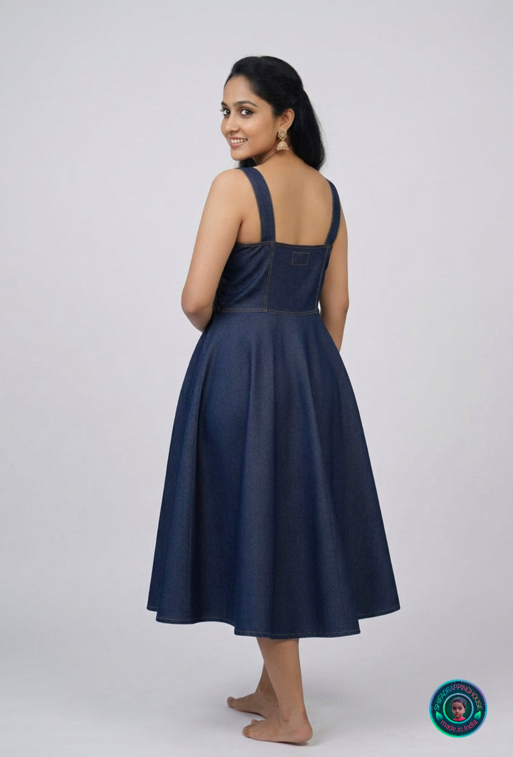 ShifaDrappinghouse Kids & Women: Elegant Indigo Denim Smoked Midi Dress – Royal Fit & Flare Sleeveless Summer Dress