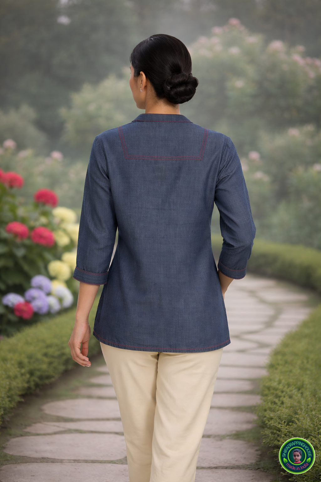 Mandarin Collar Denim Top with Red Contrast Stitching and Pintex Details