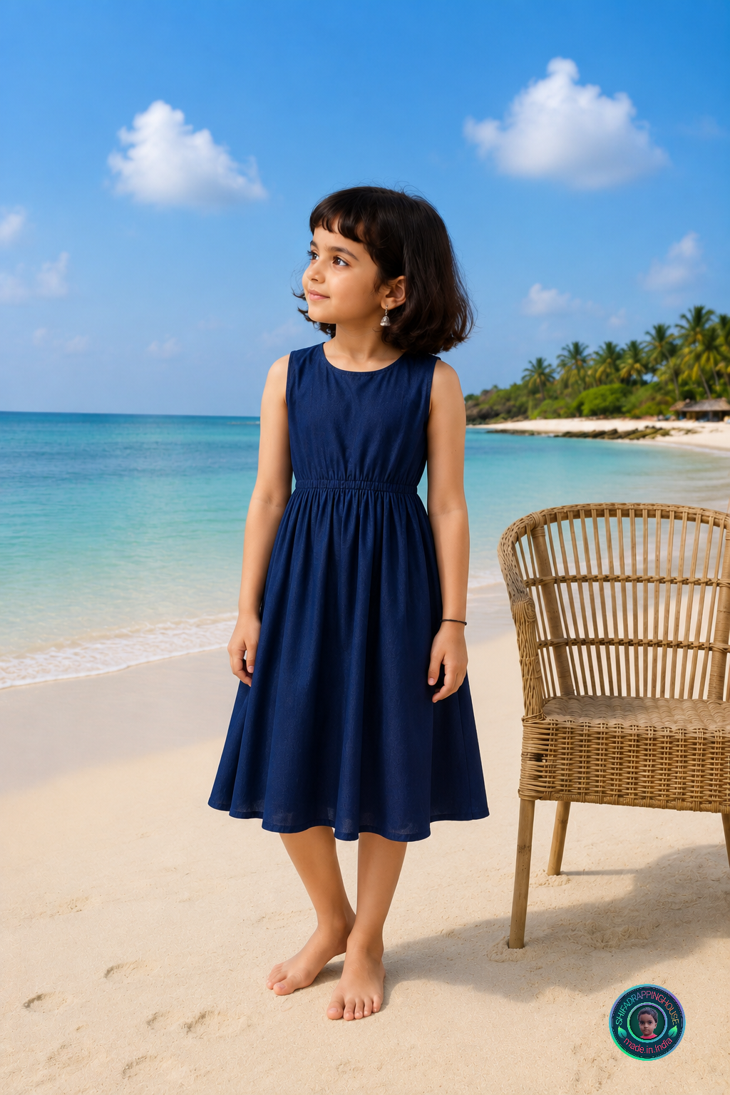 Luxury Navy Blue Denim Sleeveless Midi Dress - Essential Tourist & Beach Wear