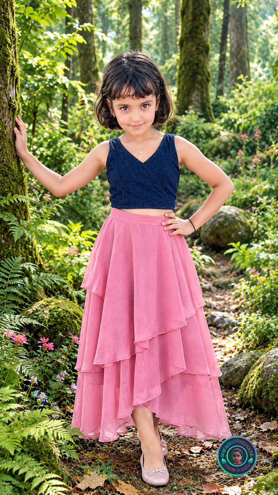 Imperial Crossover Princess Cut Denim Blouse – Royal V-Neck Sleeveless Statement Top (Padded for Adults / Easy Back Metal Zip for Kids) - Mom & Daughter Matching