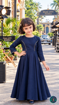 Indo-Western Denim Long Gown with Golden Stitching Details - Mom & Daughter Matching