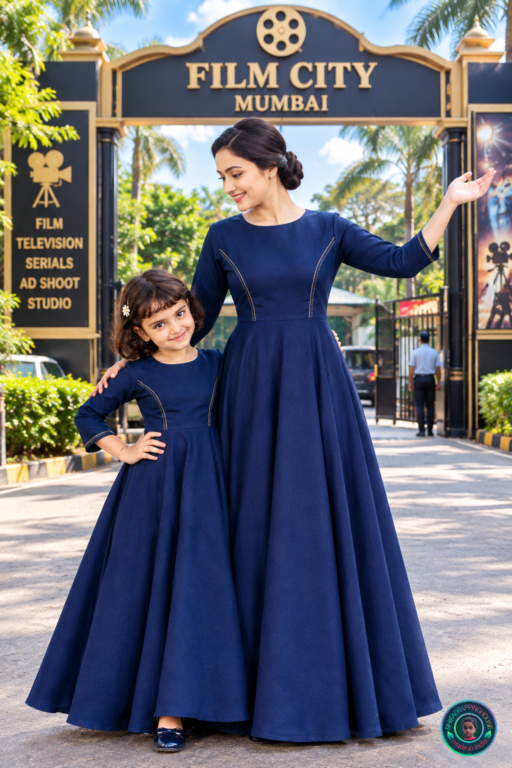 Indo-Western Denim Long Gown with Golden Stitching Details - Mom & Daughter Matching