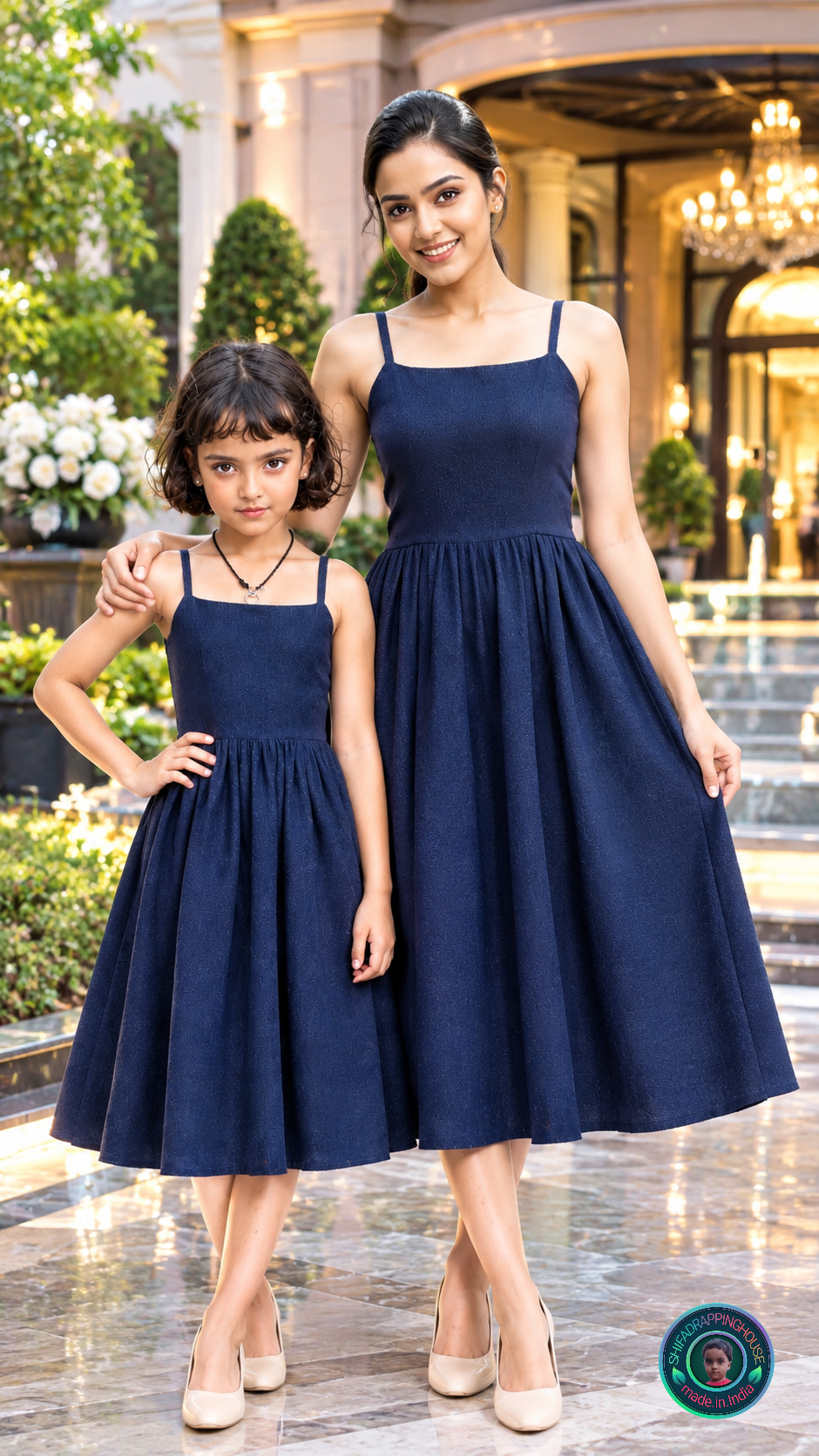 Trendy Navy Blue Denim Midi Dress with Shoulder Straps & Utility Pockets