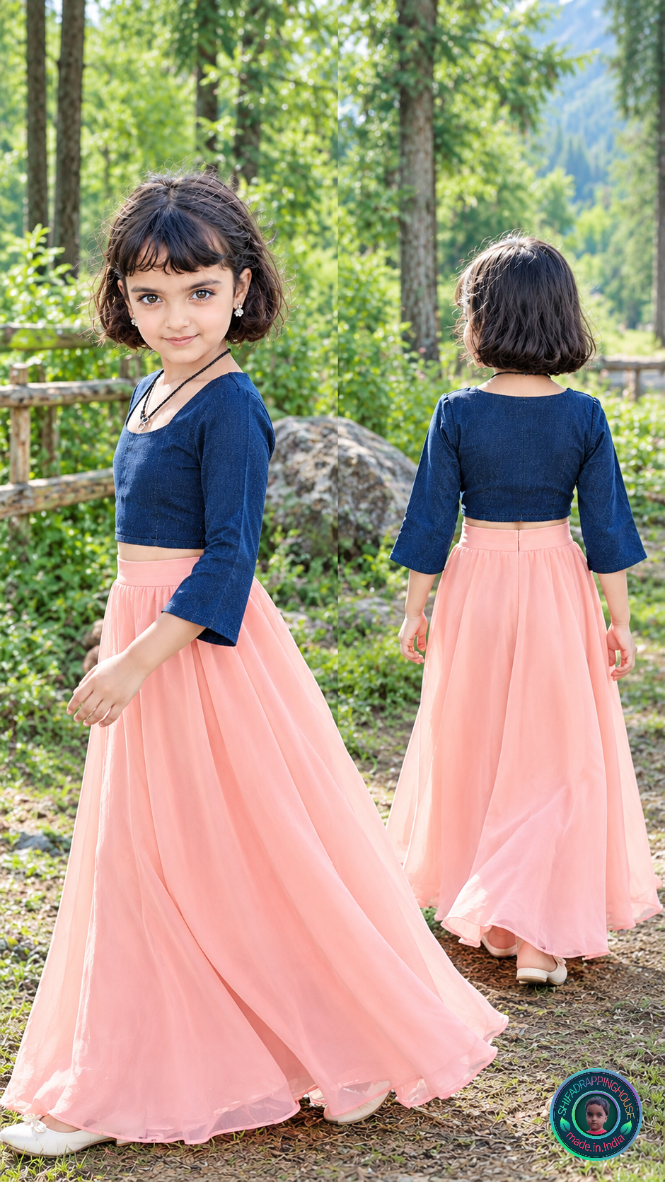 Premium Navy Blue Denim Round Neck Blouse – Princess Cut Indo-Western Crop Top (Soft Cotton Lined) - Mom & Daughter Matching