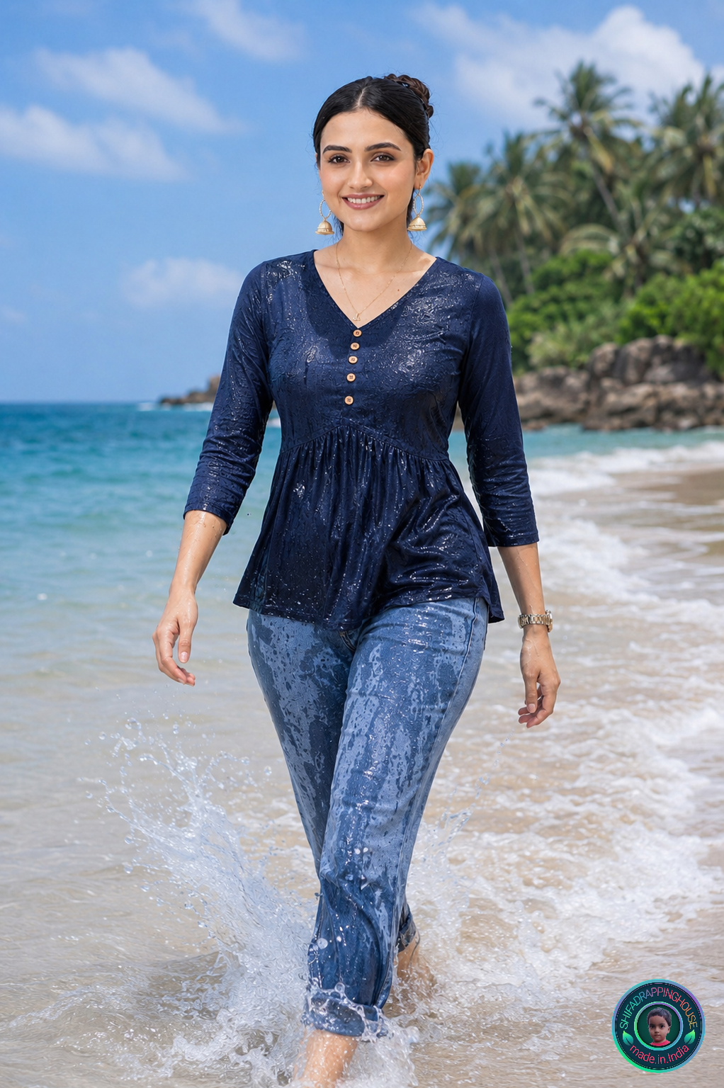🌊 Navy Indigo Denim Peplum Top | Handcrafted V-Neck & Pointed Waistline Luxury Edition
