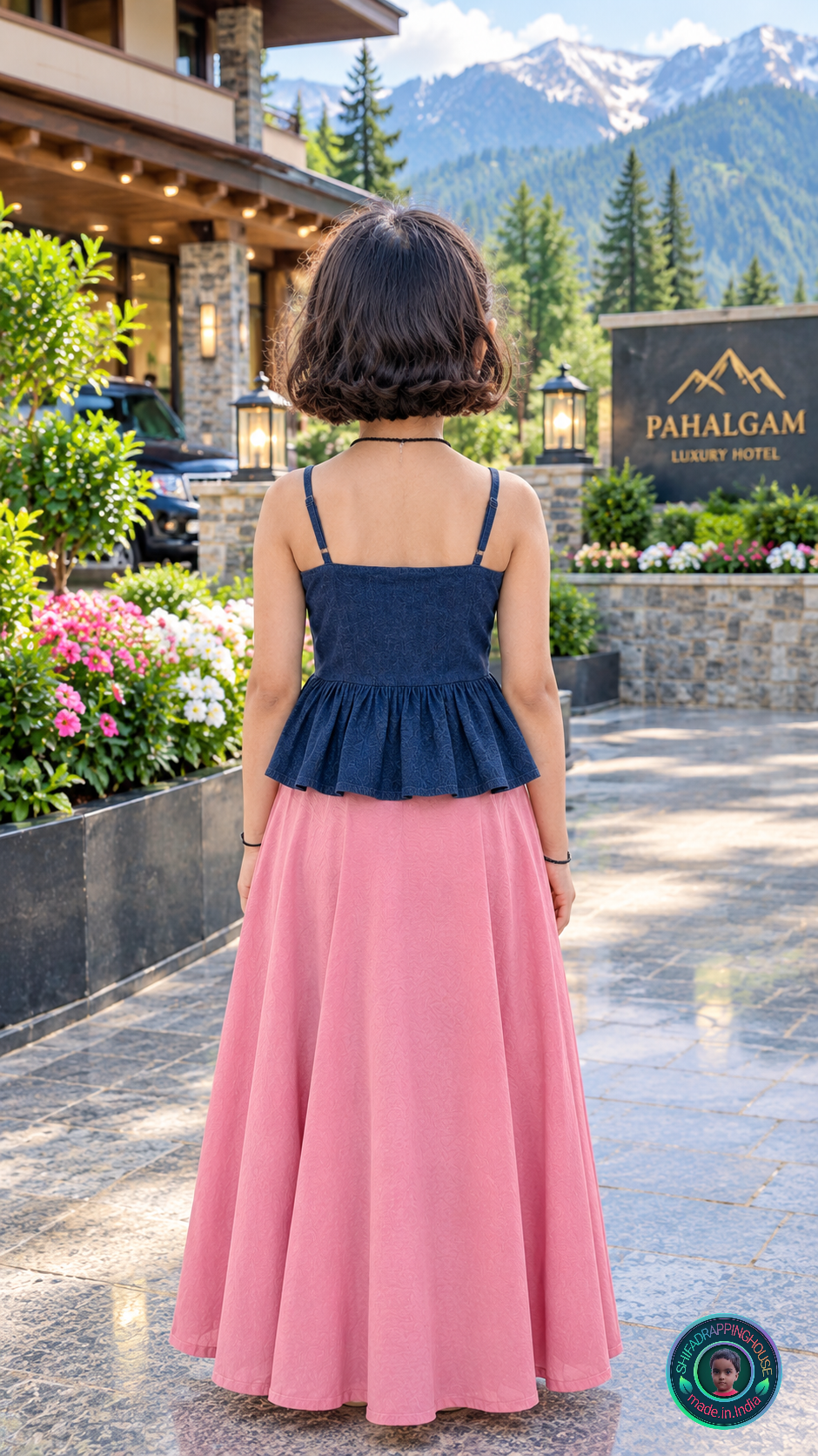 Premium Navy Blue Denim Peplum Cami-Top with Adjustable Straps & Princess Cut - Mom & Daughter Matching