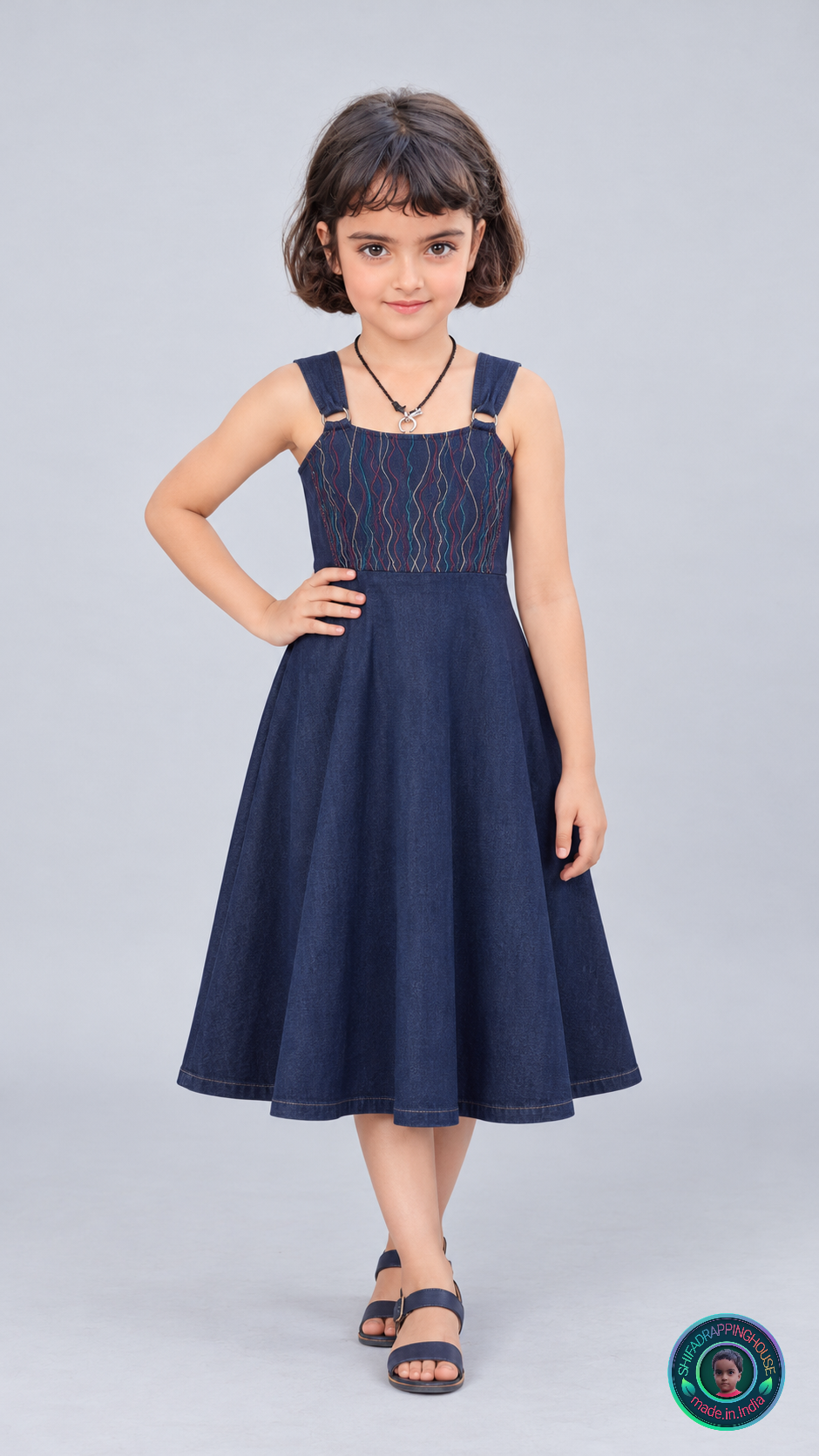 ShifaDrappinghouse Kids & Women: Blue Denim A-Line Dress – Multi-Color Anchor Stitch Embroidery