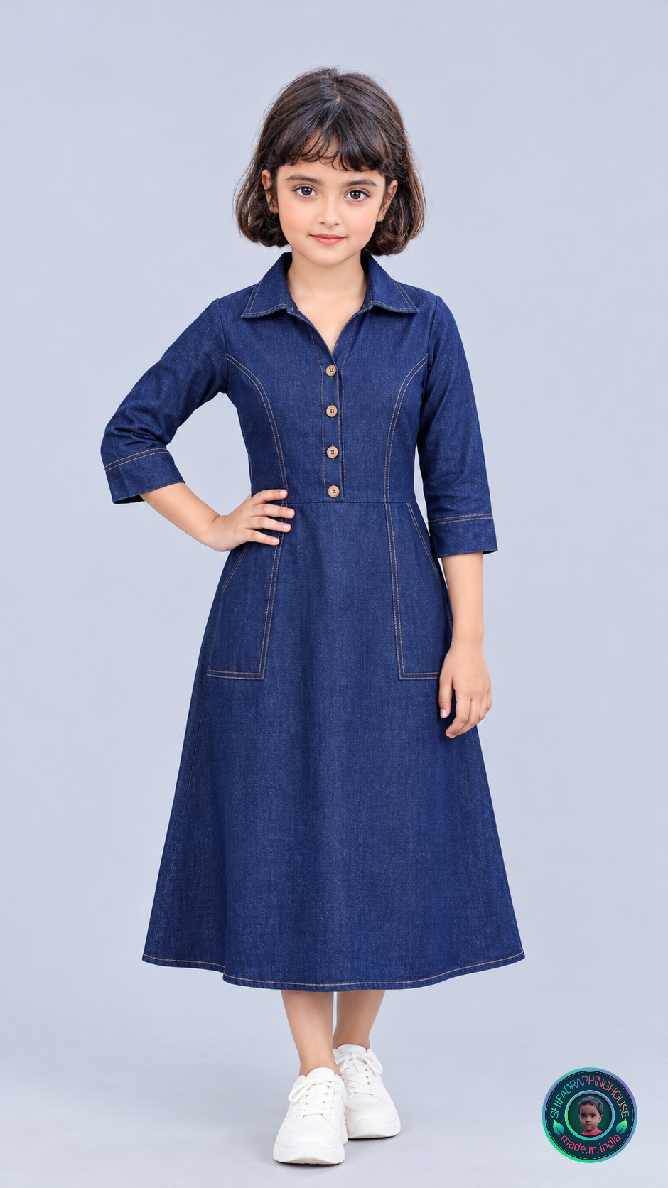 Indo-Western Elite: Princess-Cut Soft Denim Midi Dress with Wooden Accents