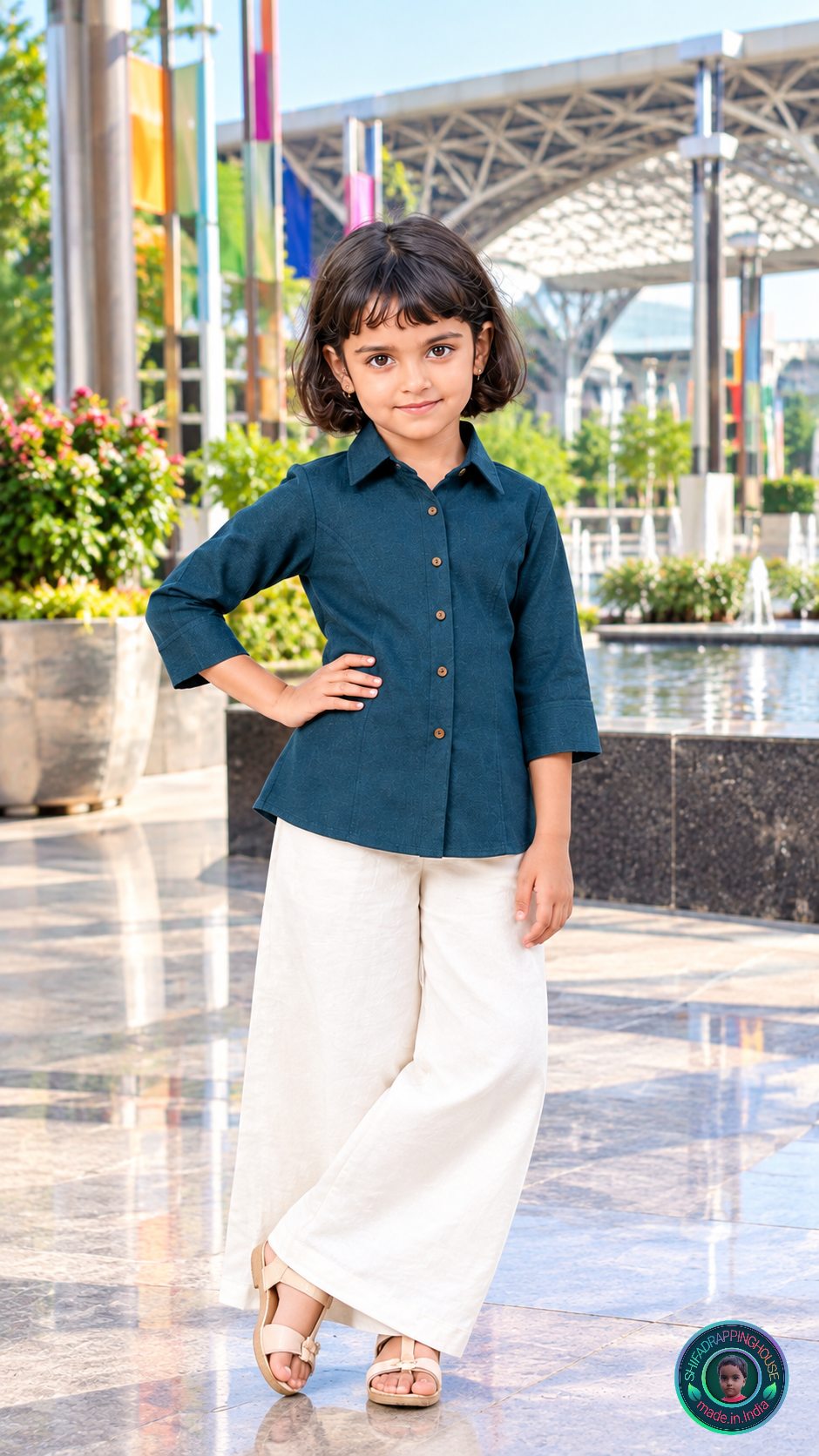 Deep Sea Teal Two-Tone Denim Shirt | Handcrafted Princess Cut & Wooden Button Luxury Edition - Mom & Daughter Matching