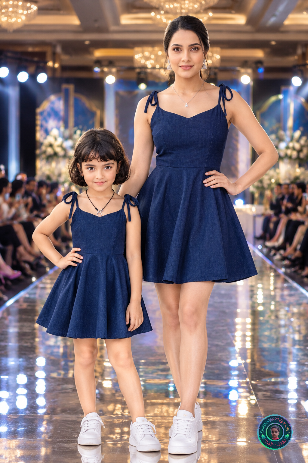 Kids Premium Navy Blue Denim Indo-Western Midi Dress with Adjustable Shoulder Ties
