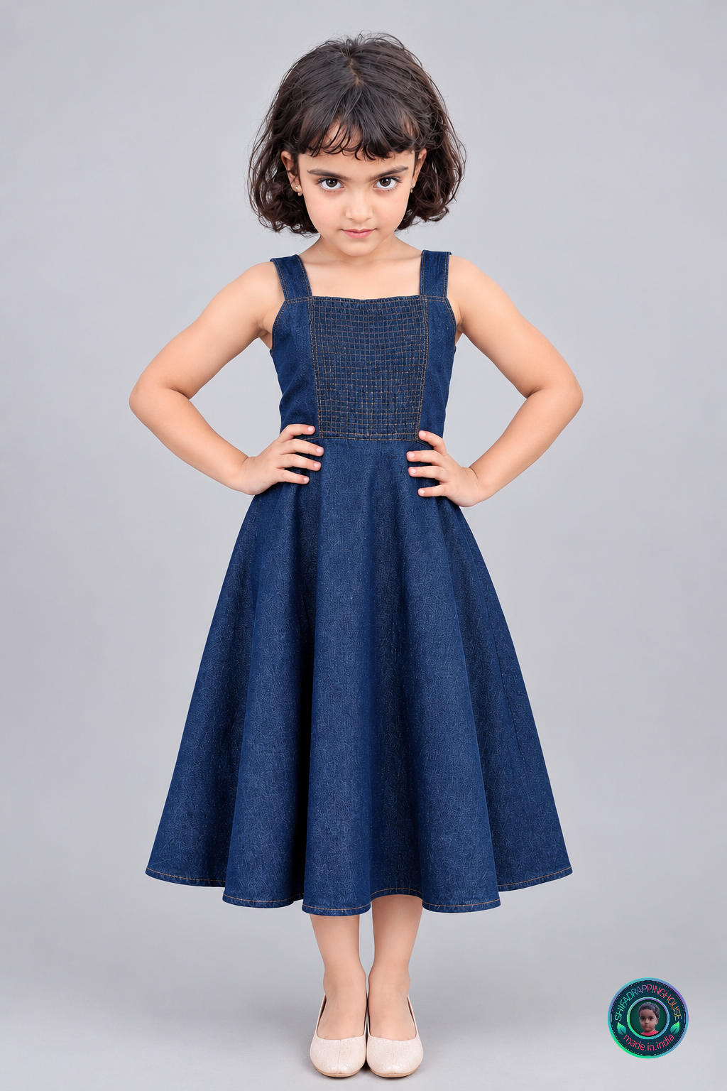 ShifaDrappinghouse Kids & Women: Elegant Indigo Denim Smoked Midi Dress – Royal Fit & Flare Sleeveless Summer Dress