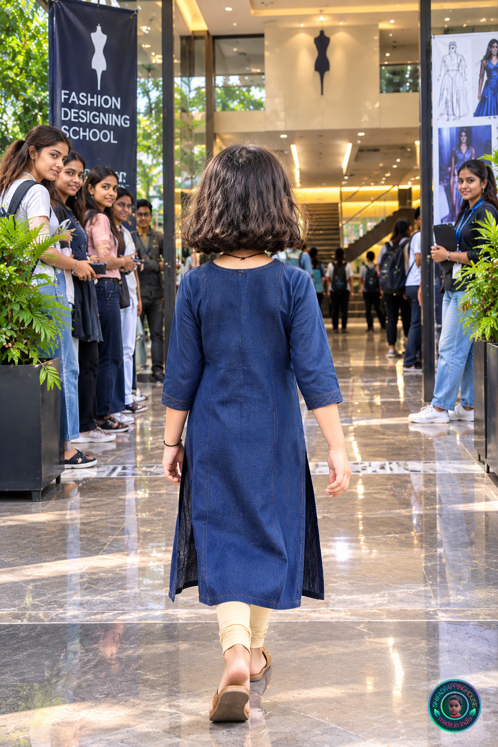 Kids Premium Blue Denim Kurti with Gold Stitching & Button Work