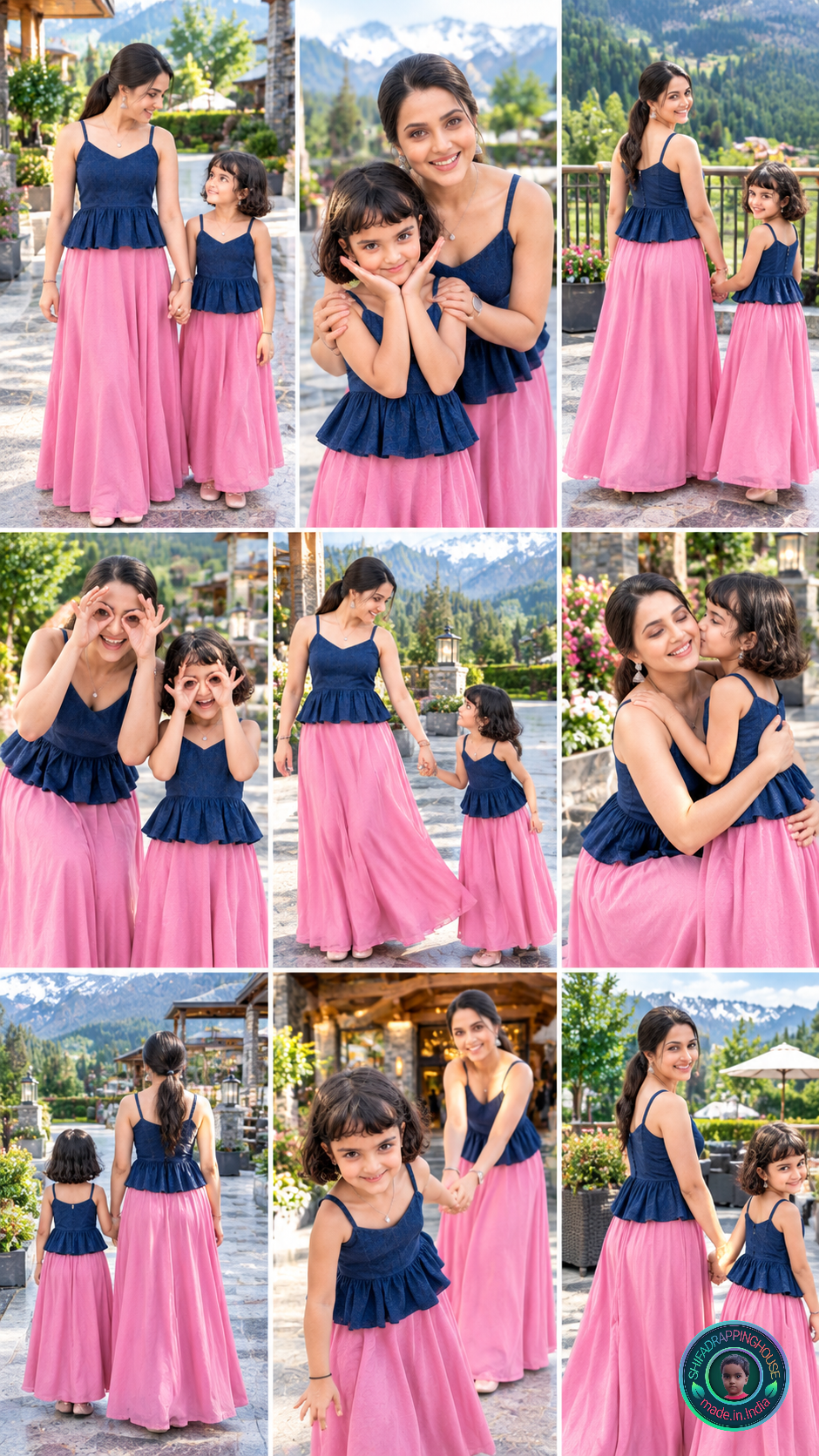 Premium Navy Blue Denim Peplum Cami-Top with Adjustable Straps & Princess Cut - Mom & Daughter Matching