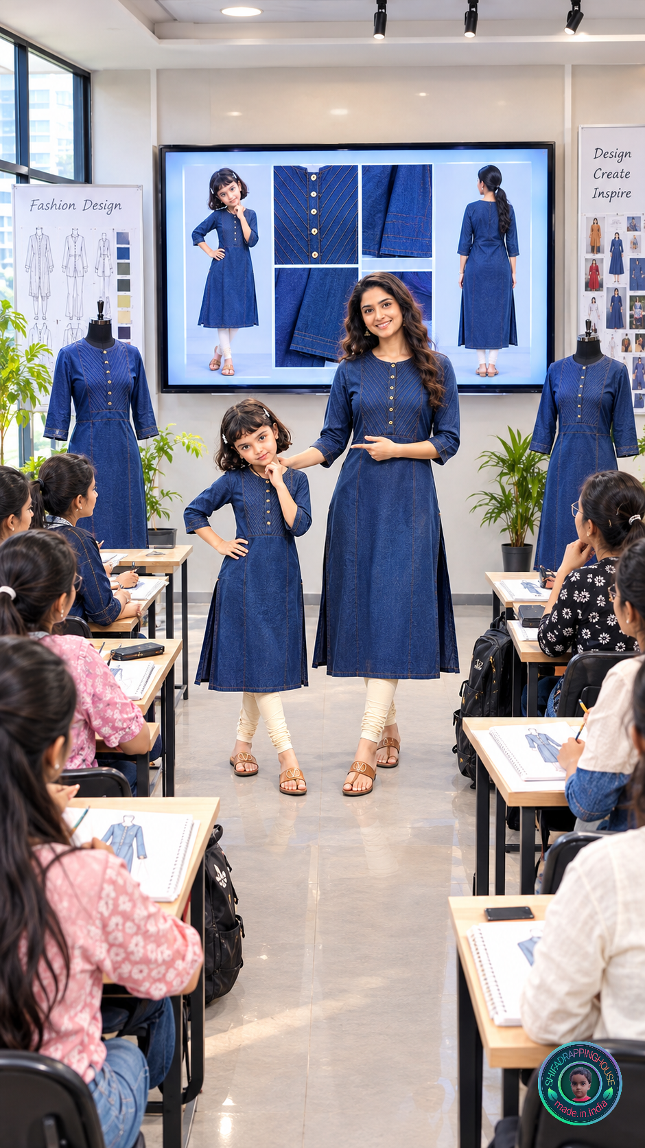Kids Premium Blue Denim Kurti with Gold Stitching & Button Work