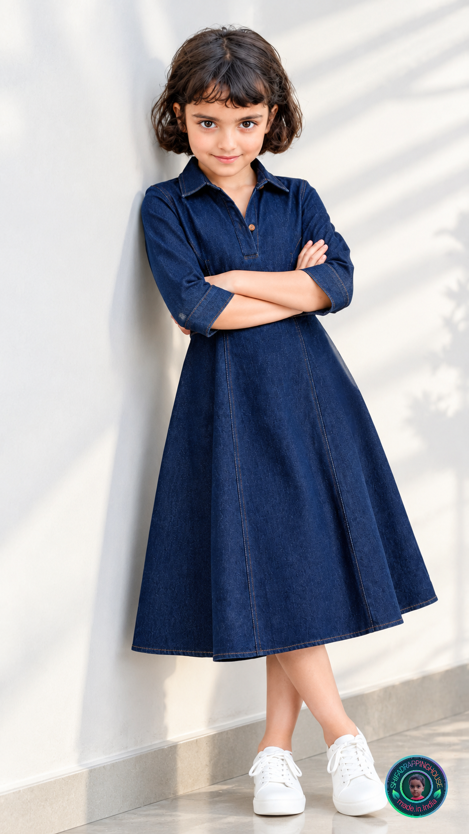 Premium Collared Denim Midi Dress – Classic Button & Belt Style