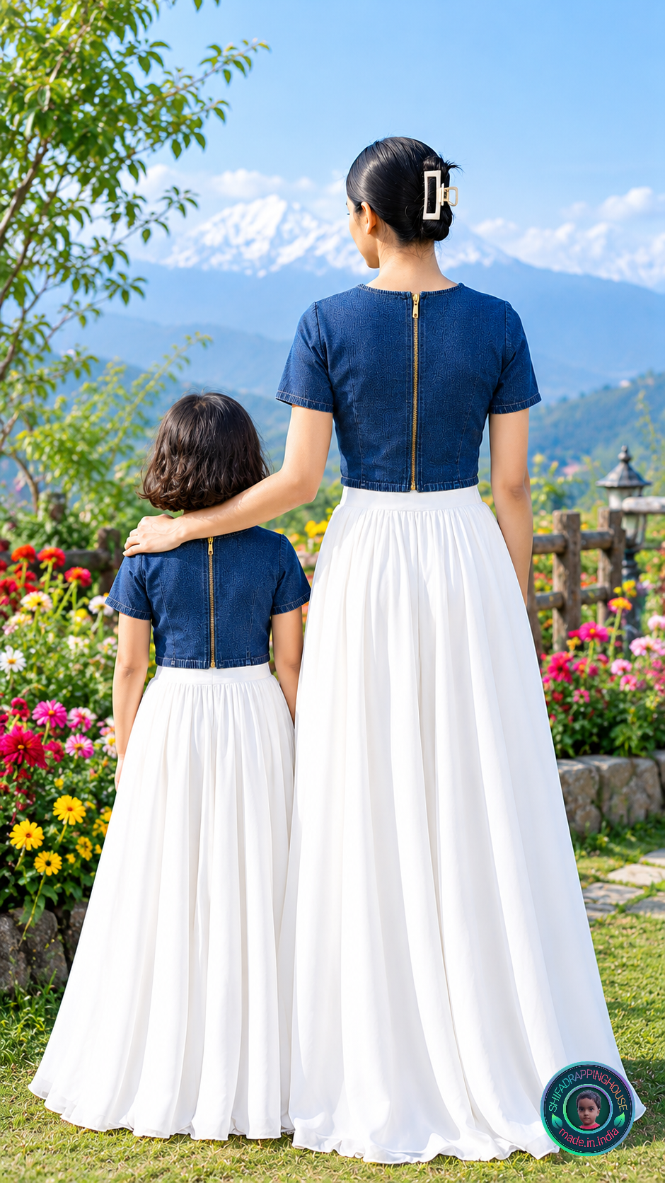 Royal Navy Blue Denim Minimalist Blouse – Elegant Round Neck Cap Sleeve Indo-Western Top with Premium Back Metal Zipper - Mom & Daughter Matching