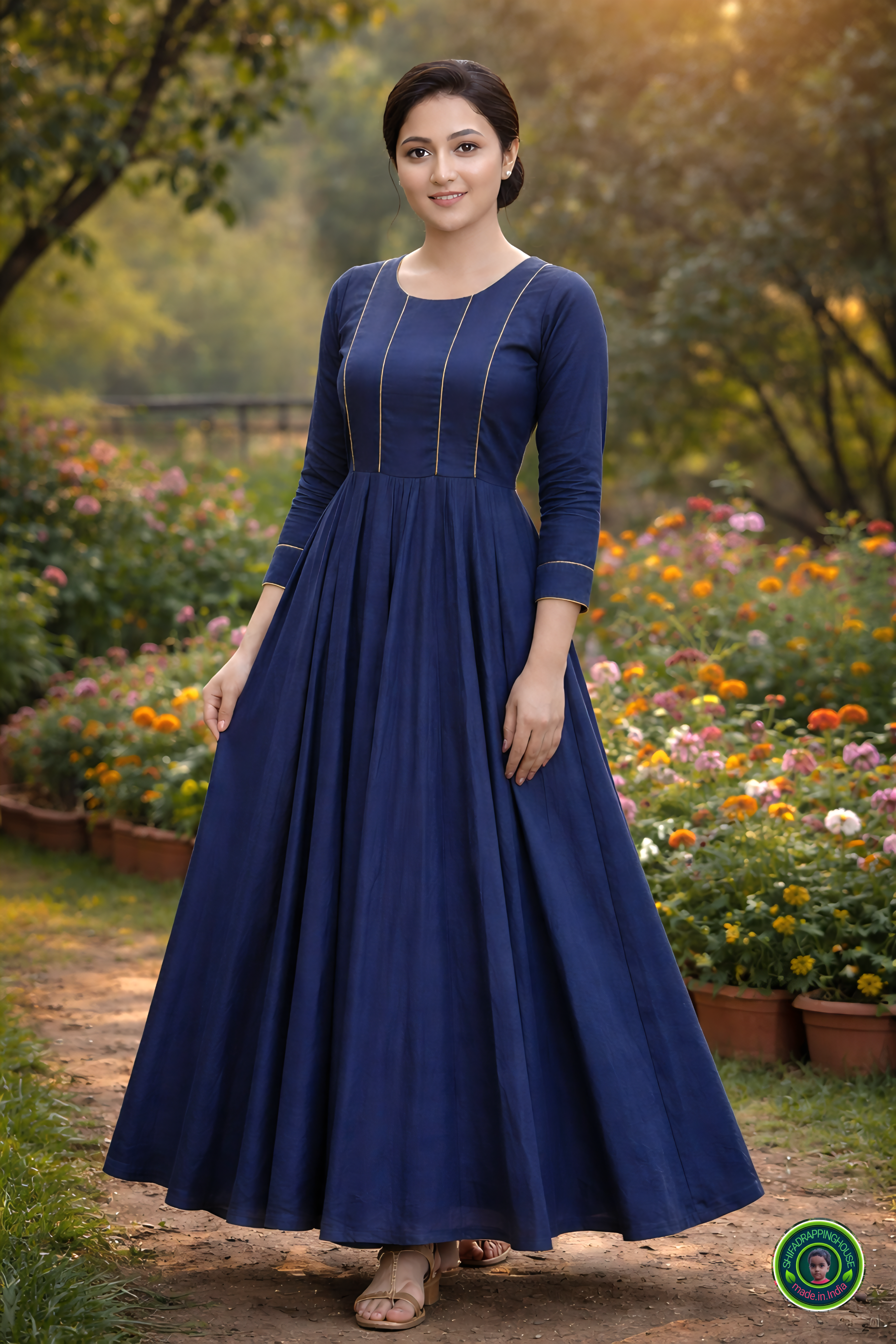Elegant Indigo Denim Maxi Gown – Minimalist Princes Line Design with Gold Piping