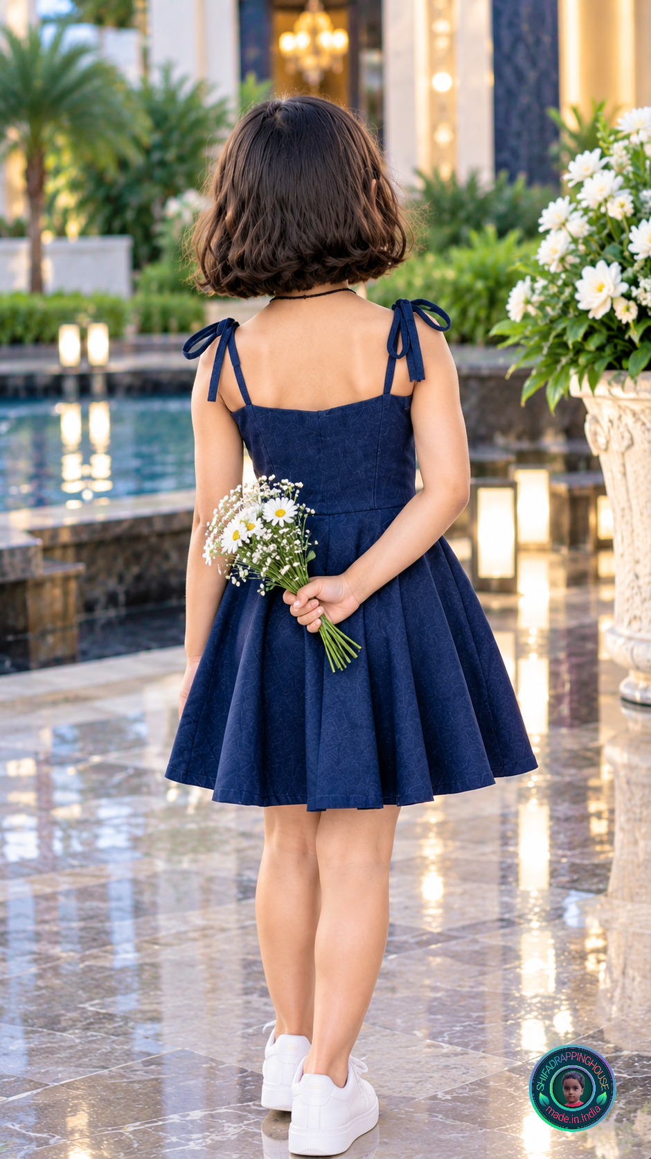 Kids Premium Navy Blue Denim Indo-Western Midi Dress with Adjustable Shoulder Ties
